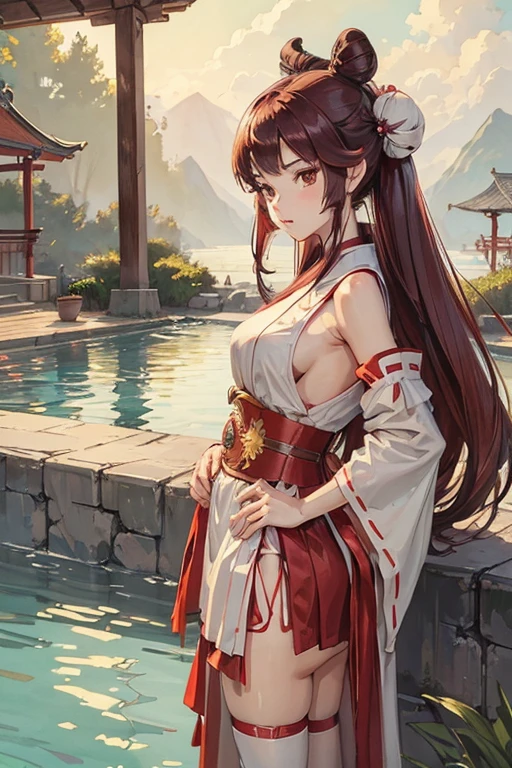 ((best quality)), ((masterpiece)), (detailed), perfect face, girl, dark red hair, long hair, thigh high, shrine maiden, Miko priestess, garter belt, pool side theme, hands on hips, long skirt, hair in bun, hair glowing, hair in bun,