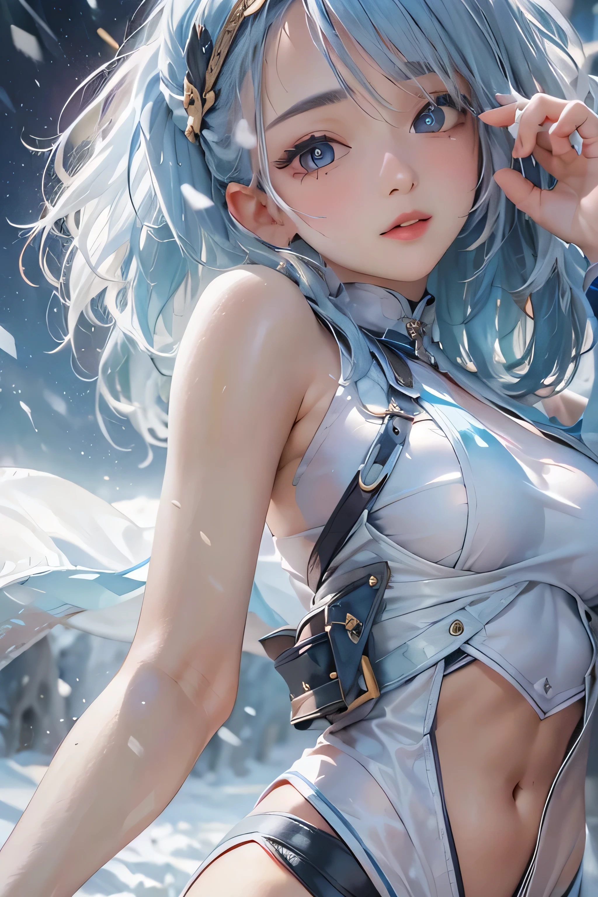 (photorealistic:1.3,highest quality:1.3,8K quality,masterpiece:1.3,High resolution,muste piece:1.2),23 year old woman,solo,bondage fashion,(NIKKE), (shiny bodysuit,choker,boots), (Photo seen from below:1.2),(looking at the camera:1.2),(short hair:1.2,bright blue hair:1.5),(smile:1.1),(Bold pose with legs spread,dynamic pose:1.2),background(snow scene,snow mountain:1.3,ruins),(Nipples visible through clothing),(genitals visible through clothing),(Butt visible through clothes),(slender, abs:1.2),(young skinny gravure idol, sophisticated gravure idol),(detailed perfect face),normal hands:1.5,normal finger:1:5,normal foot:1.5,(cameltoe, camel toe)