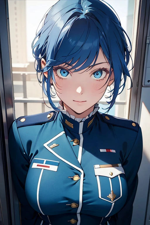 masterpiece, best quality, , 1girl, solo, looking at viewer, upper body, , ligne claire, realistic, MONSTAMOO , blue hair , blue eyes , military uniform , office room , military equipment