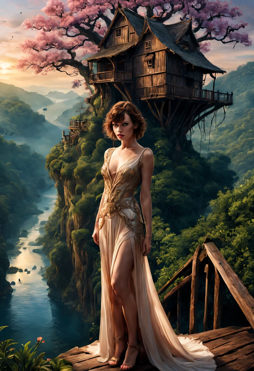premiado, arte conceitual, belas artes, epic fantasy digital art, bird view,cinematic lighting, Vista descendente,plano super amplo,Viewing angle from afar,profundidade de campos,beautiful young lady (milha Jovovich ), (27 anos), ((((corpo inteiro)))), (((usando vestido longo Vinho)), The beauty of an idyllic country fairy tale,((cachoeira)),Pitoresca, Pitoresco, Rustic, ((Campo de arroz;1.7)), ((Peach blossom tree)), ((Pequenos rios:1.4)), ((The tree house is connected to the tree house by a wooden bridge)), epic,