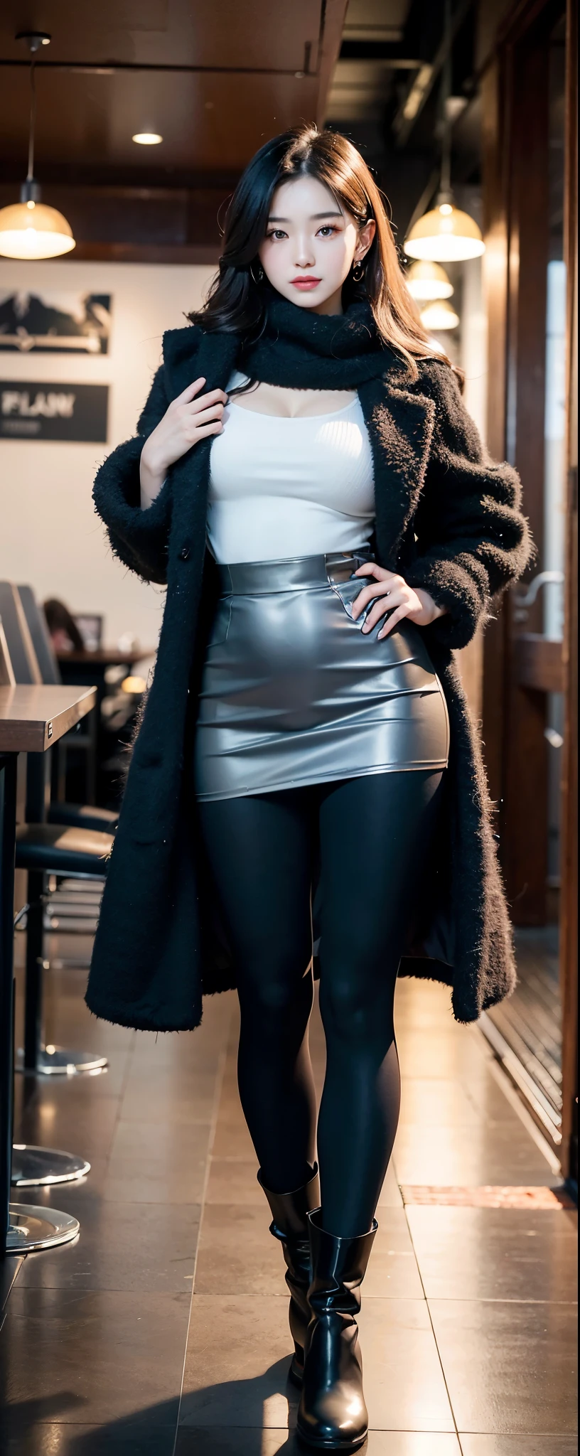 (8k, RAW photos, top quality, masterpiece: 1.2, ultra detailed, super resolution, real photos: 1.37), (Full body:1), 1 noble elegant Japanese lady, (standing contrapposte), winter season, ((black color coodinate, wearing over-size nouton coat, winter fluffy scarf, grey long skirt, legging, wearing long boots)), Shiny, Smile, Looks like 1.8 meters tall, large pelvis, Large breasts, big cuvy hips, Thin waist, Long legs, skin hyper-detail, 20 years old, Perfect face, (Detailed facial features), Wavy hair, Daylight, winter season, snazzy cafe,