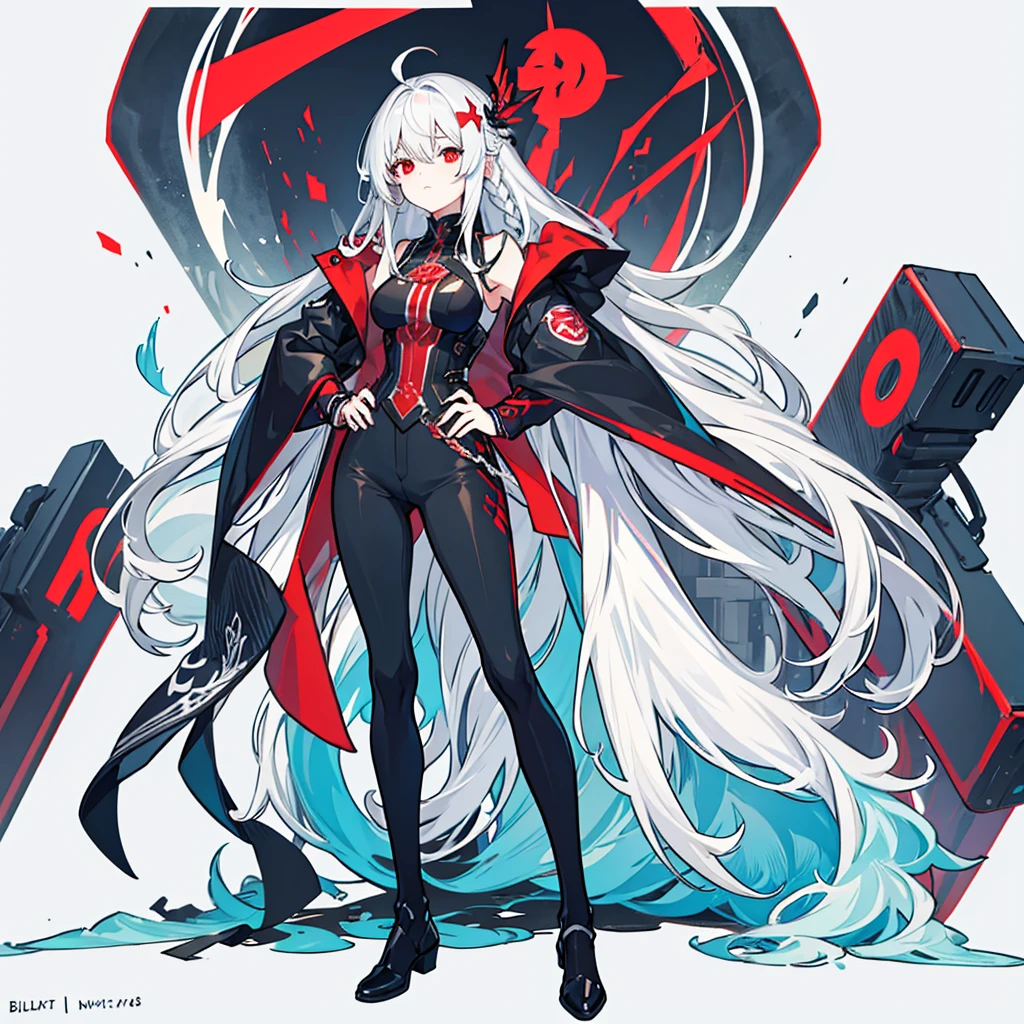 masterpiece,(bestquality),highlydetailed,ultra-detailed, cold, 1girl, bishoujo, stare, red eyes, beautiful detailed eyes, long hair, white hair, silver hair, Wing-like bangs, Dull hair, ahoge, Hair rings, braid, alternate costume, black pants, breasts, full body, hand on hip, jacket, large breasts, long hair, looking at viewer, pants,  red eyes,  (expressiveless), simple background, solo, standing, very long hair, white background