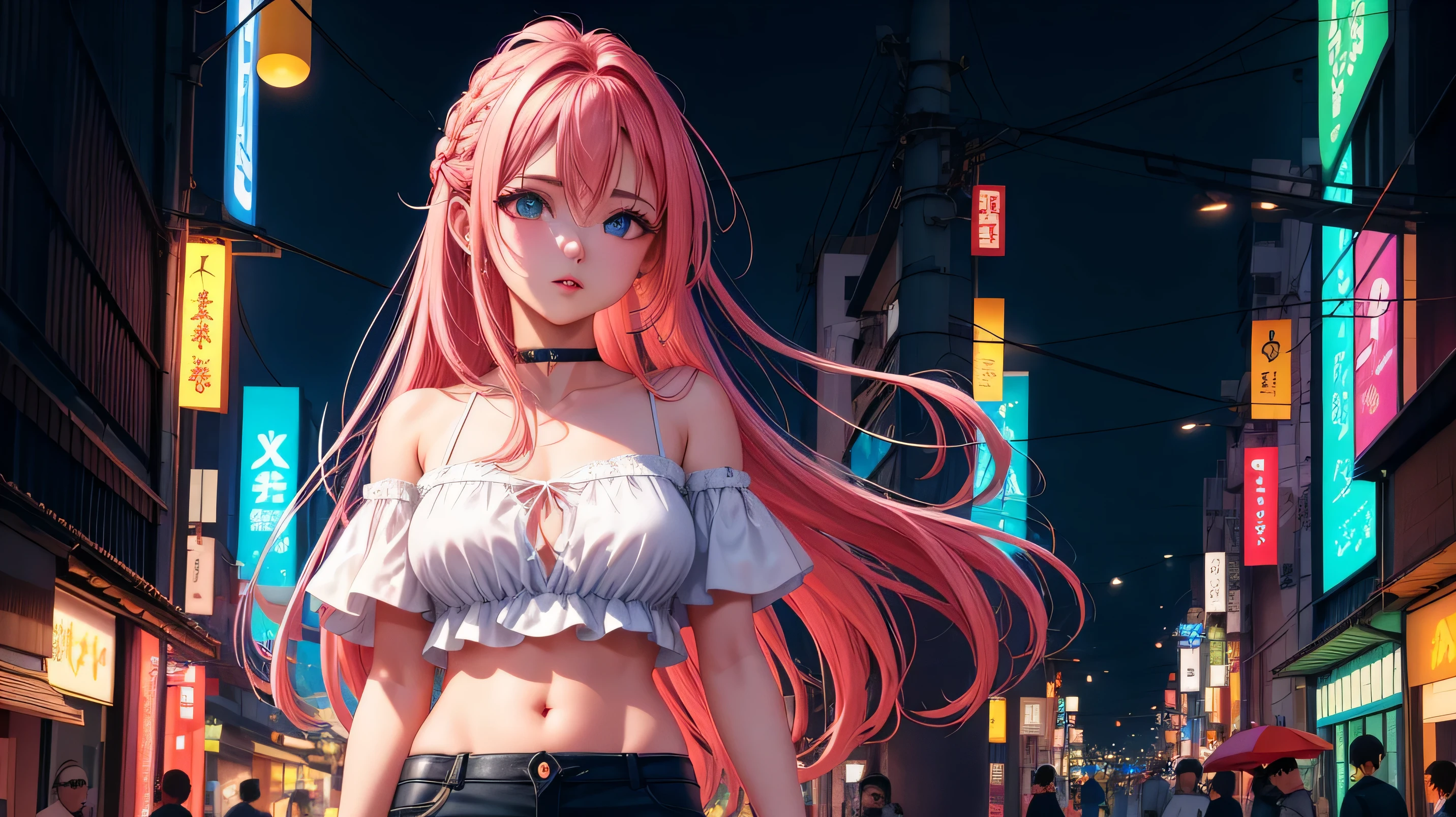 A woman wearing a long white dress, exposed leg, white heels, walking on the sidewalk of a modern city, silver bracelet on her arm, hot pink long hair with gray fringes, pink eyes, smiling, big breasts, pink nails, blurred background, holding one, drop shadow, anaglyph, stereogram, tachi-e, point view, atmospheric perspective, 8k, superdetail, accurate, best quality, award-winning, textured skin, high resolution, anatomically correct, bokeh effect, ((woman alone)