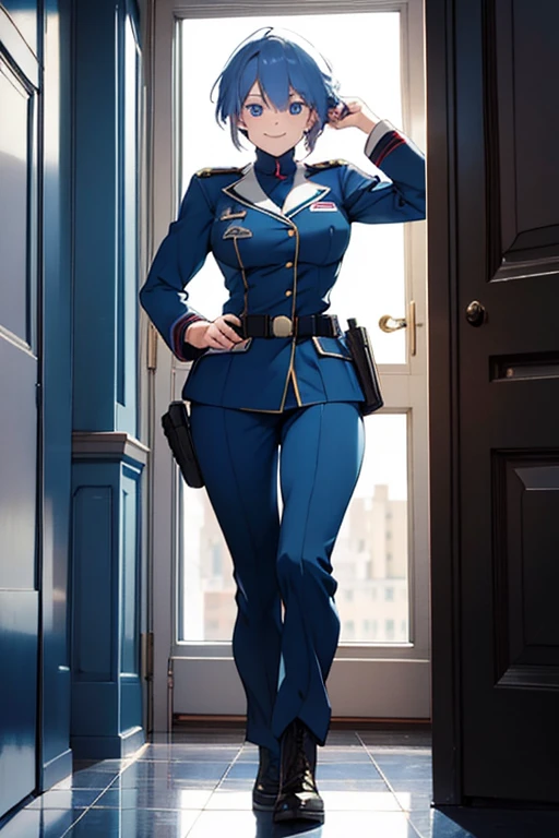 masterpiece, best quality, , 1girl, solo, looking at viewer, full body , , ligne claire, realistic, MONSTAMOO , blue hair , blue eyes , military uniform , office room , military equipment , holding handgun , smiling