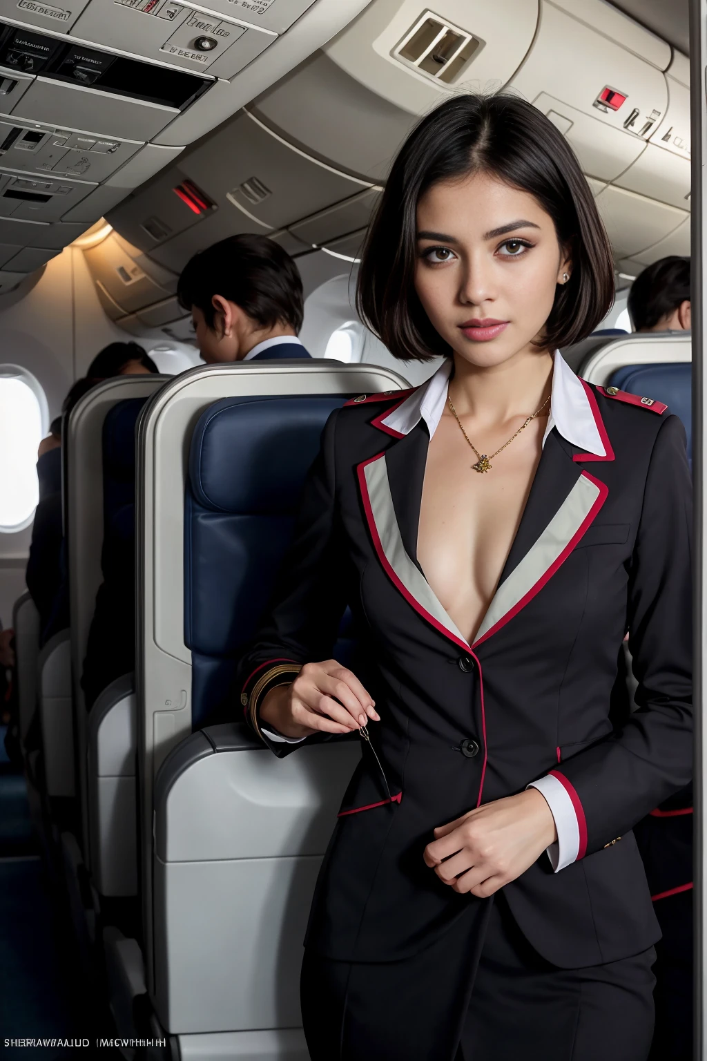 ((masterpiece, best quality)), beautiful 40-year-old Pakistani woman (Chloe Grace Moretz:Milla Jovovich:0.5), (brown- black hair, bob hairstyle, square face), (medium breasts), (curvy, muscular body), (natural skin), legs, (plunging stewardess uniform:1.3), (seductive expression:1.2), jewelry, standing, various poses, empty passenger plane cabin background, (UHD, 8K wallpaper, High resolution), Cinematic lighting, physically-based rendering, award-winning, extremely detailed skin, extra detailed face, high detail eyes, Carl Zeiss 85 mm F/1.4, by Ellen von Unwerth