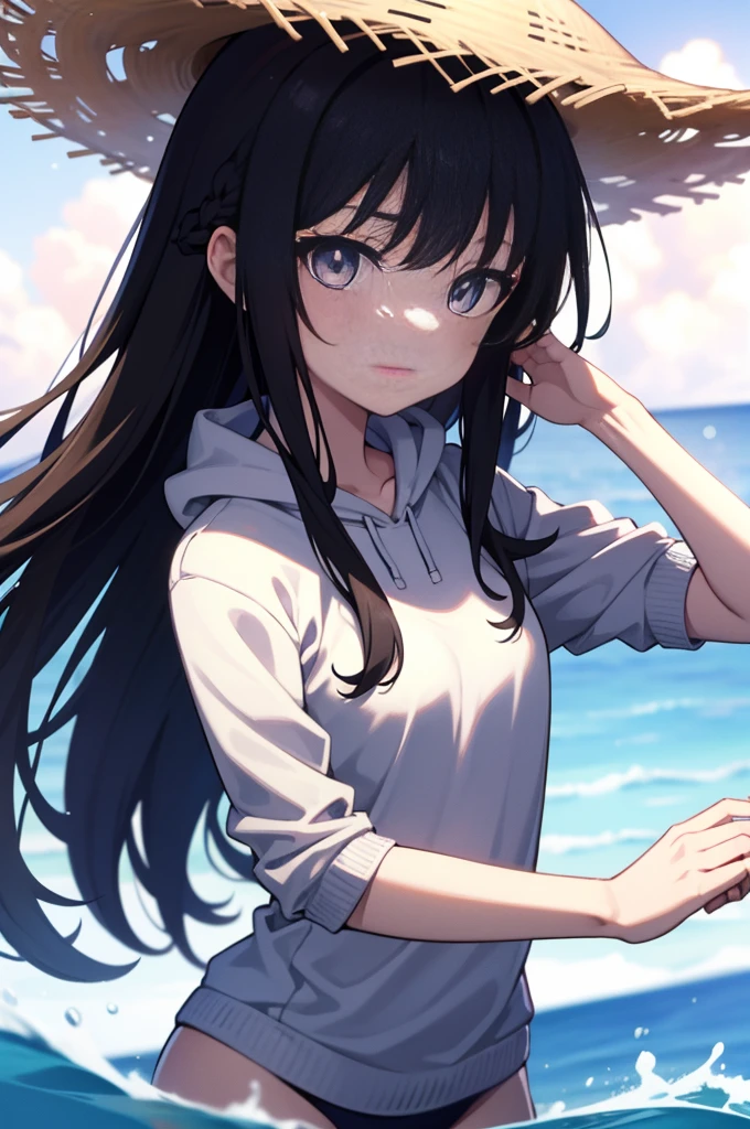 Takiinoue, Inoue check, long hair, bangs, black hair, Braid, (purple eyes:1.2), (small breasts:1.2),Put on a big straw hat,Ocean水浴,Ocean,sandy beach,Palm tree,sun、summer,school swimwear,Thin hoodie, close your mouth,smile,break (masterpiece:1.2), highest quality, High resolution, unity 8k wallpaper, (shape:0.8), (beautiful and detailed eyes:1.6), highly detailed face, perfect lighting, Very detailed CG, (perfect hands, perfect anatomy),