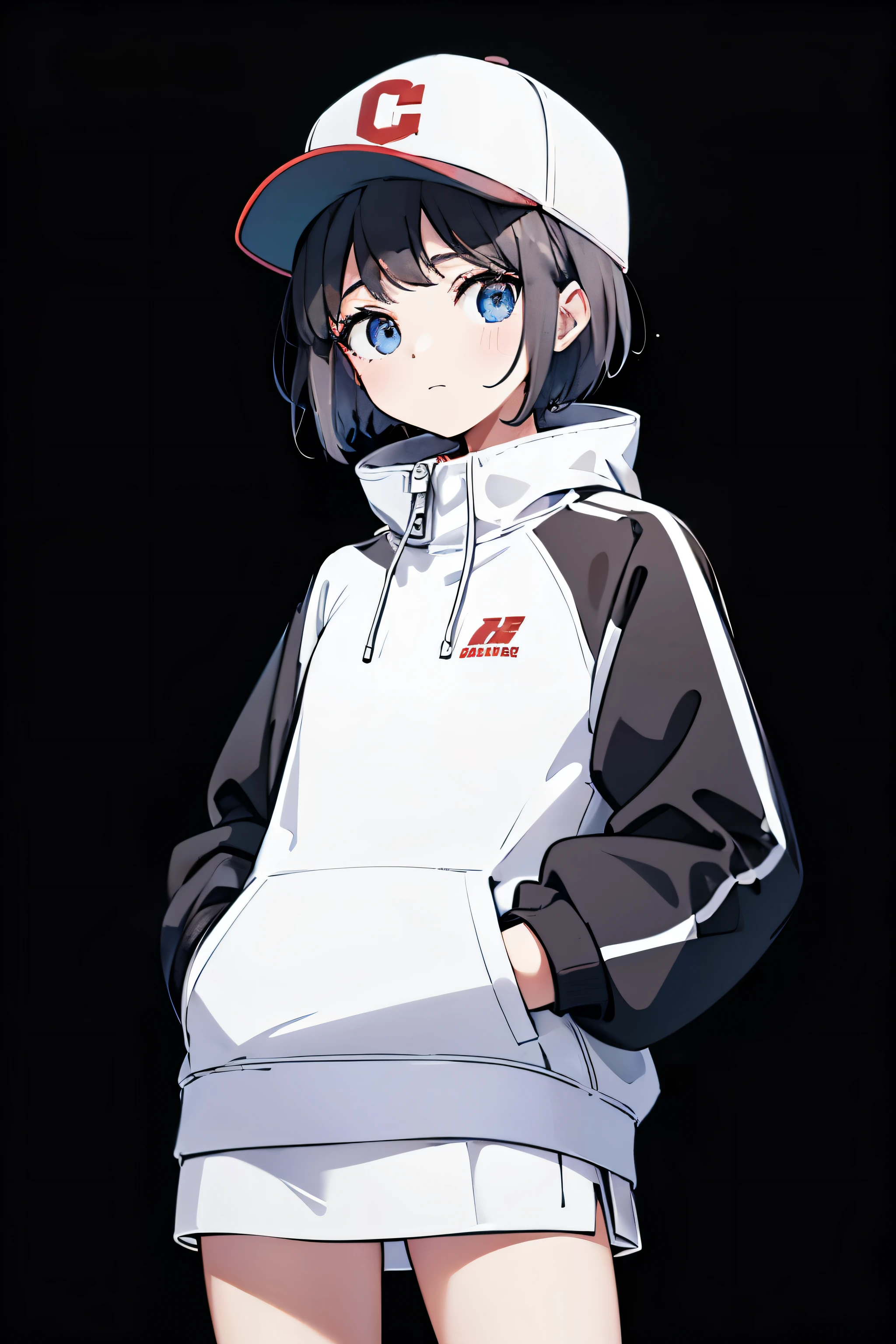 1 chica, Solo, ojos azules, (ojos detallados), cambiar, ((cabello corto)), pelo negro, ((baseball cap)), sombrero blanco, chaqueta impermeable, chaqueta blanca, ((la camisa negra)), calcetines negros, de pie, (manos en los bolsillos), ((closed sweater)), tiro en la parte superior del cuerpo, Fondo blanco, fondo transparente, mirando a la vista, ((obra maestra, illustration, Mejor calidad))