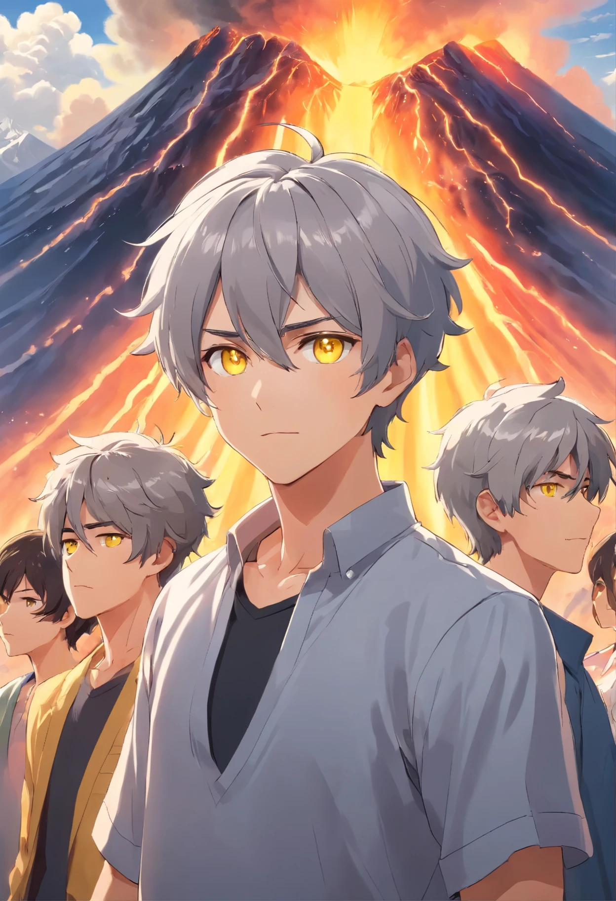Drawing, fantasy, realism, high detail, quintet of men (detailing), ((with light gray hair)) (hair detailing), ((yellow eyes)), (face detailing), (clothing detailing), standing at an erupting volcano (volcano detailing), (nature detailing), 8kk
