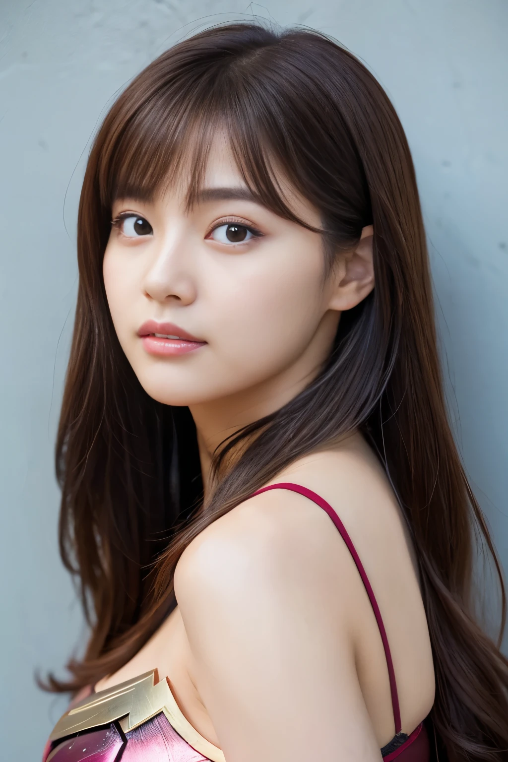 masterpiece、1 beautiful girl、fine eyes、puffy eyes、highest quality, 超High resolution, (reality: 1.4), movie lighting、Japanese、asian beauty、Korean、super beautiful、beautiful skin、body facing forward、close up of face、(超reality的な)、(High resolution)、(8K)、(very detailed)、(美しくfine eyes)、(Super detailed)、 (wall-)、detailed face、bright lighting、professional lighting、looking at the viewer、look straight ahead、slanted bangs、brown hair、Nogizaka idol、korean idol、fiery idol pose、、25 years old、wonder woman cosplay