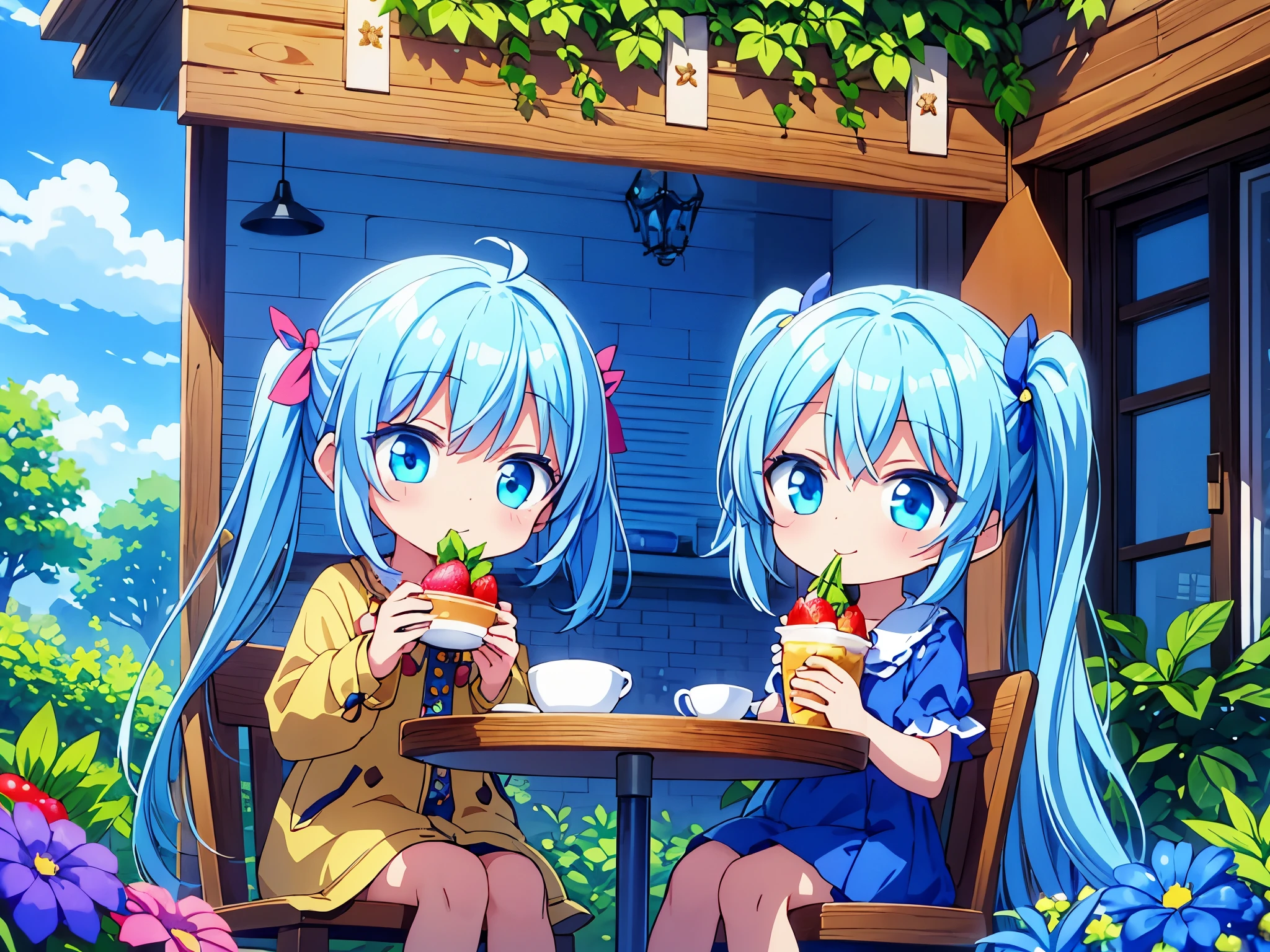 Cafe under the blue sky、full of flowers((Some photos)).beautiful girl with long light blue hair　Hair style is twin tails　adorable smile　Eating a large strawberry parfait　warm green and yellow down coat　A big big owl is watching over the girl from outside.　