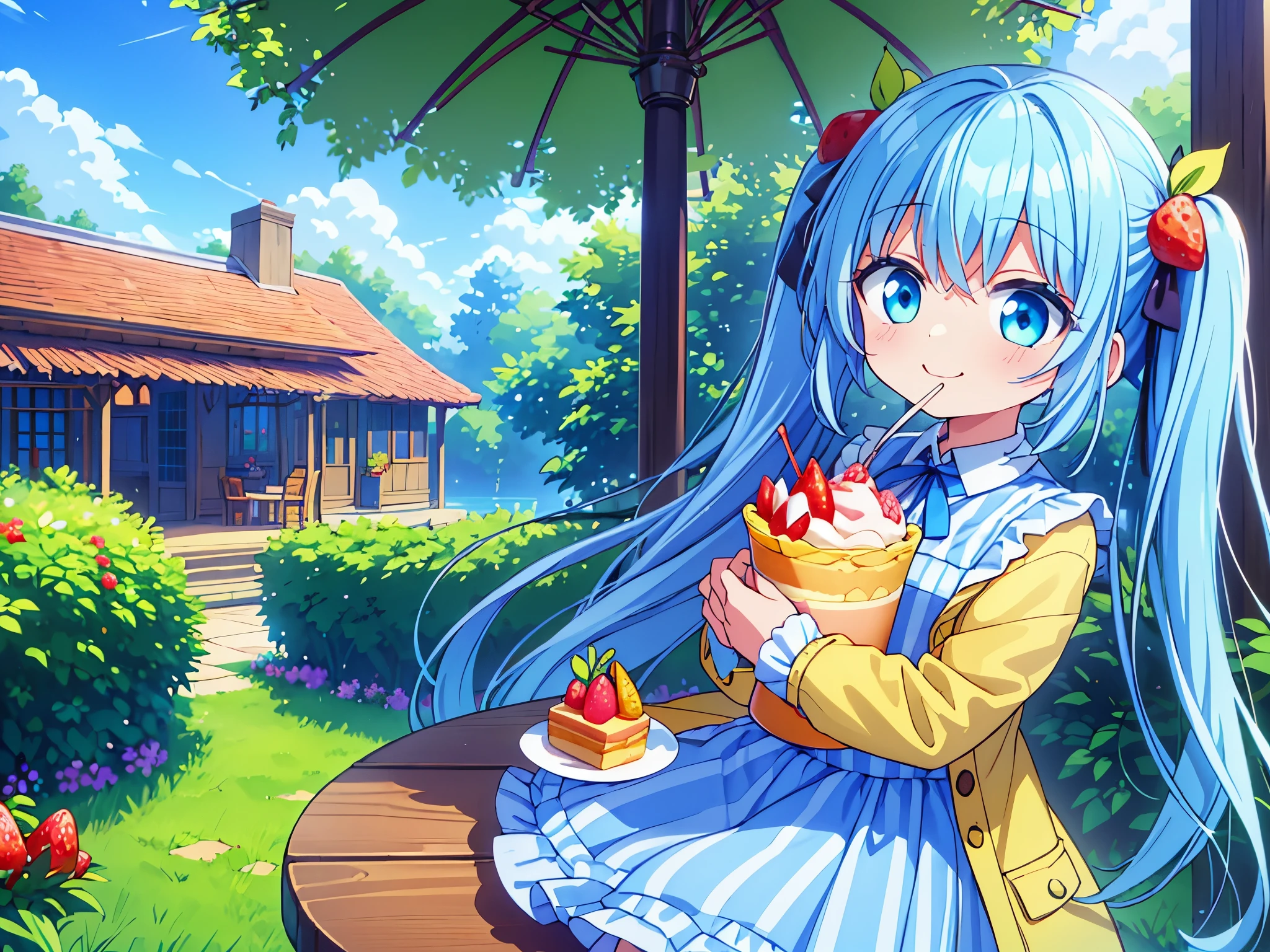 Cafe under the blue sky、full of flowers((Some photos)).beautiful girl with long light blue hair　Hair style is twin tails　adorable smile　Eating a large strawberry parfait　warm green and yellow down coat　A big big owl is watching over the girl from outside.　