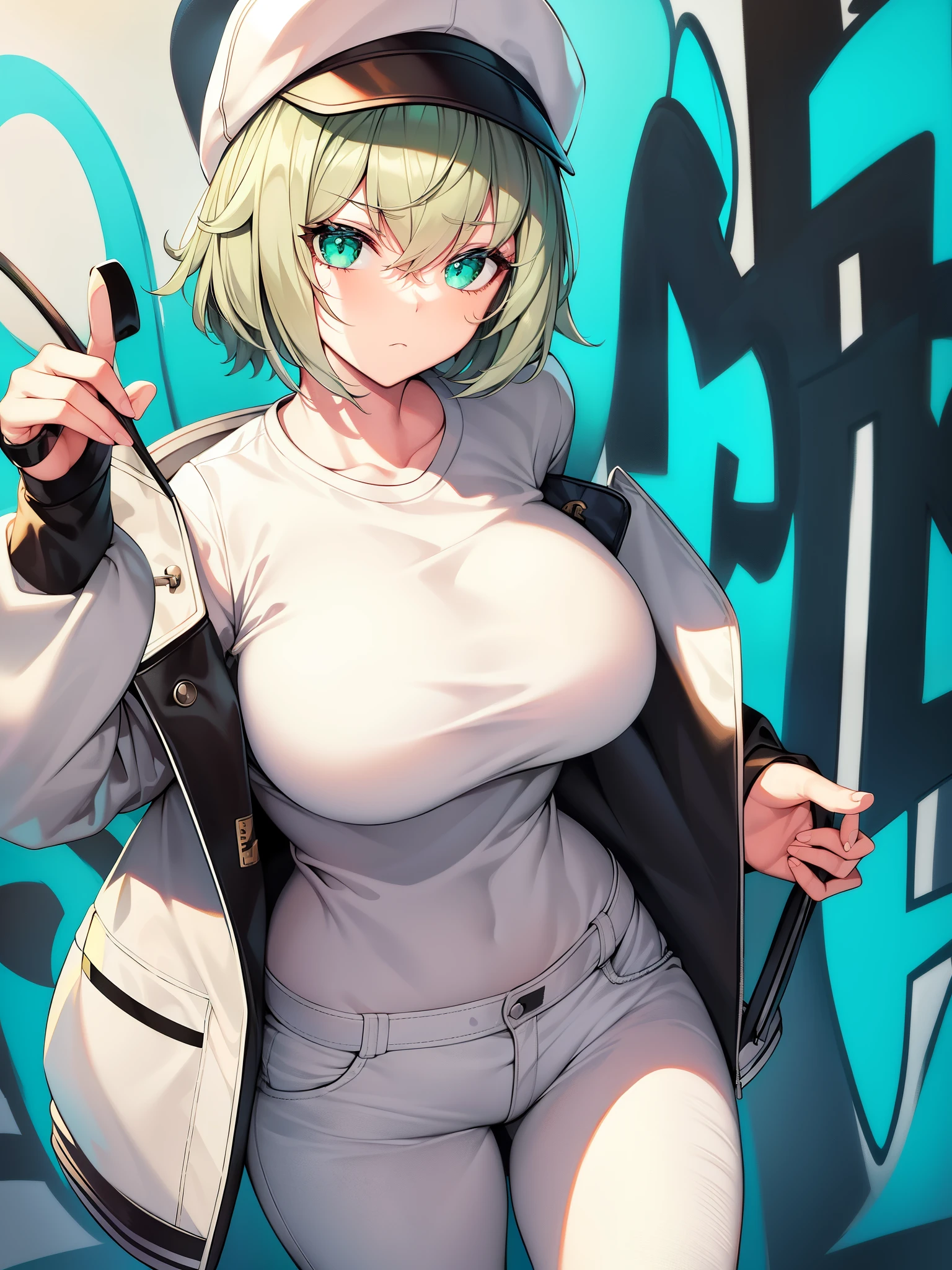 original character、young、attractive face、green eyes、Nice little breasts、short gray hair、eyelash、applejack hat、oversized pop jacket、white t-shirt、Black leather pants、Located in a graffiti alley、standing、(highest quality、great details:1.25)、(solo:1.3)、vivid colorful paintings