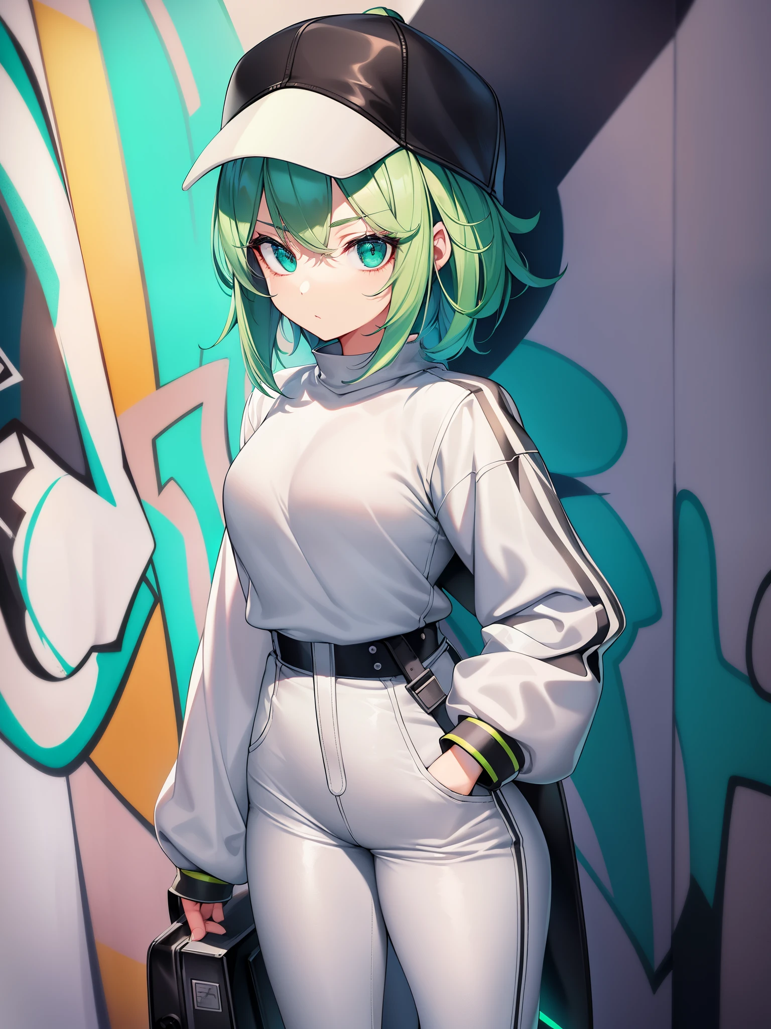 original character、young、attractive face、green eyes、Nice little breasts、short gray hair、eyelash、applejack hat、oversized pop jacket、white t-shirt、Black leather pants、Located in a graffiti alley、standing、(highest quality、great details:1.25)、(solo:1.3)、vivid colorful paintings