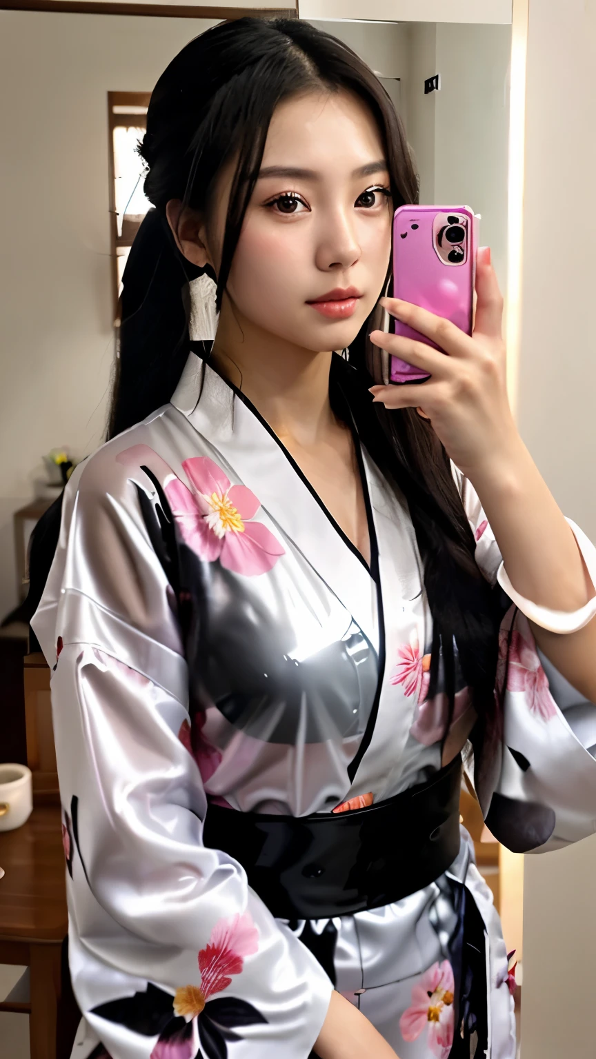 NSFW、最high quality、high quality、best image quality、8K、最High resolution、High resolution、最high quality、masterpiece、realistic pictures、RAW photo、realistic atmosphere、(detailed face)、(fine hands、thumb1reference4)、(beauty of japan )、very nice face、cute face、((beautiful japanese girl))、(woman), ((18 year old beautiful girl))、(glossy black hair)、(straight long hair)、(ponytail)、whole body、slim style、(shiny skin)、(Fair skin, Glossy skin)、real human skin、realistic human body structure、perfect body, perfect face, perfect hands, perfect fingers, perfect lips, perfect eyes,perfect teeth、perfect background, perfect atmosphere, soft natural light、samurai kimono、maiko kimono、servant、geisha kimono、japanese kimono、Furisode、kimono、Yukata、japanese traditional、((There is a very large dressing table in the room..))、((Transparent see-through(flowery kimono、Hakama with side slits))、((standing front of mirror(Hold your smartphone、Girl taking a selfie of herself in the mirror))