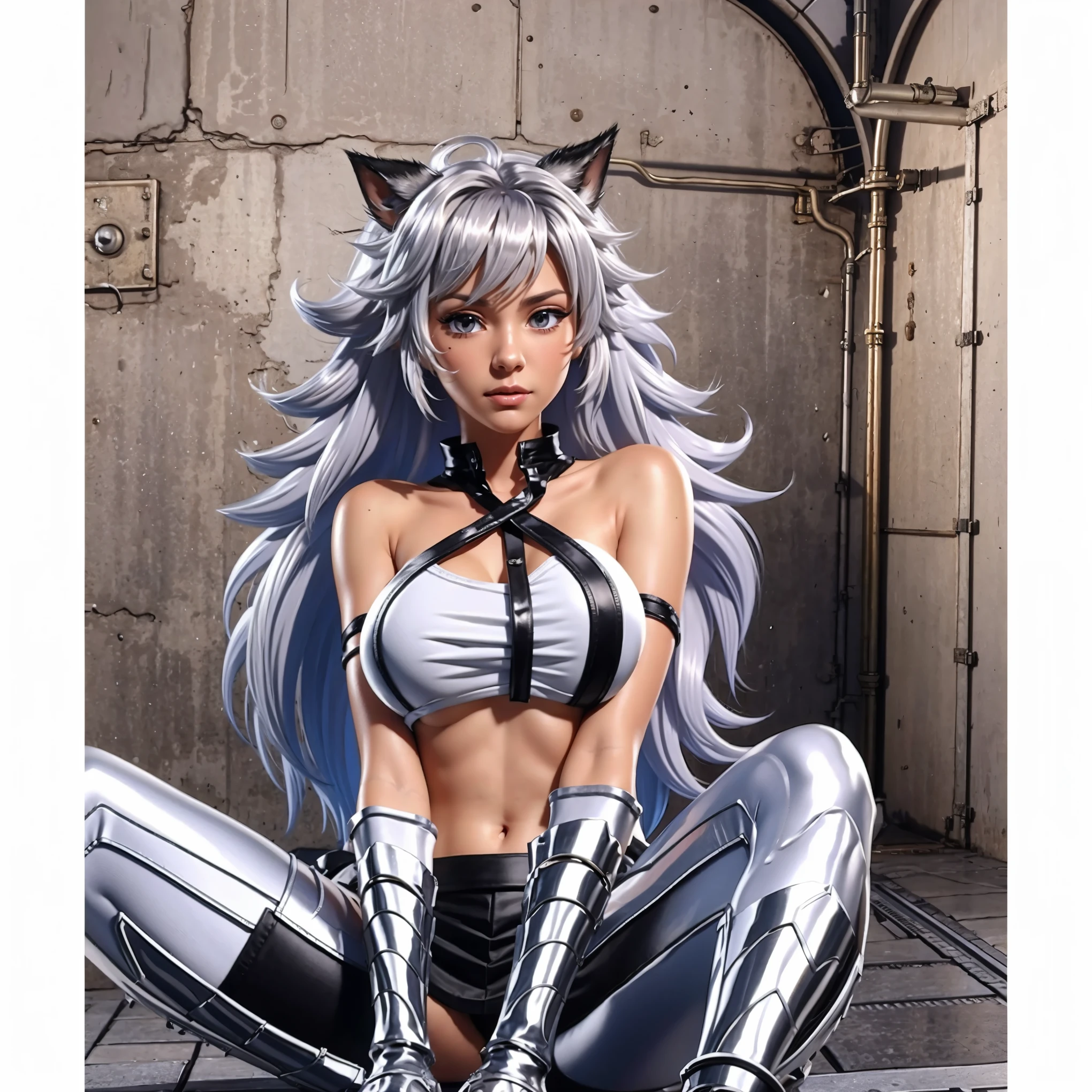 8k, resolution, high quality, high resolution, best quality, extremally detailed, best resolution, absurd resolution, ray tracing, high detailed, masterpiece, extremely detailed,shoulder length white hair, female,2 white wolf ears, teenage girl, slim body, white scale dragon tail,black boots,black leggings, navel blue school skirt, sailor shirt, white jacket, medium size chest, detailed blue eyes, detailed beautiful face,solo female,1 dragon tail, detailed eyes, tomboyish, dragon tail, white scales