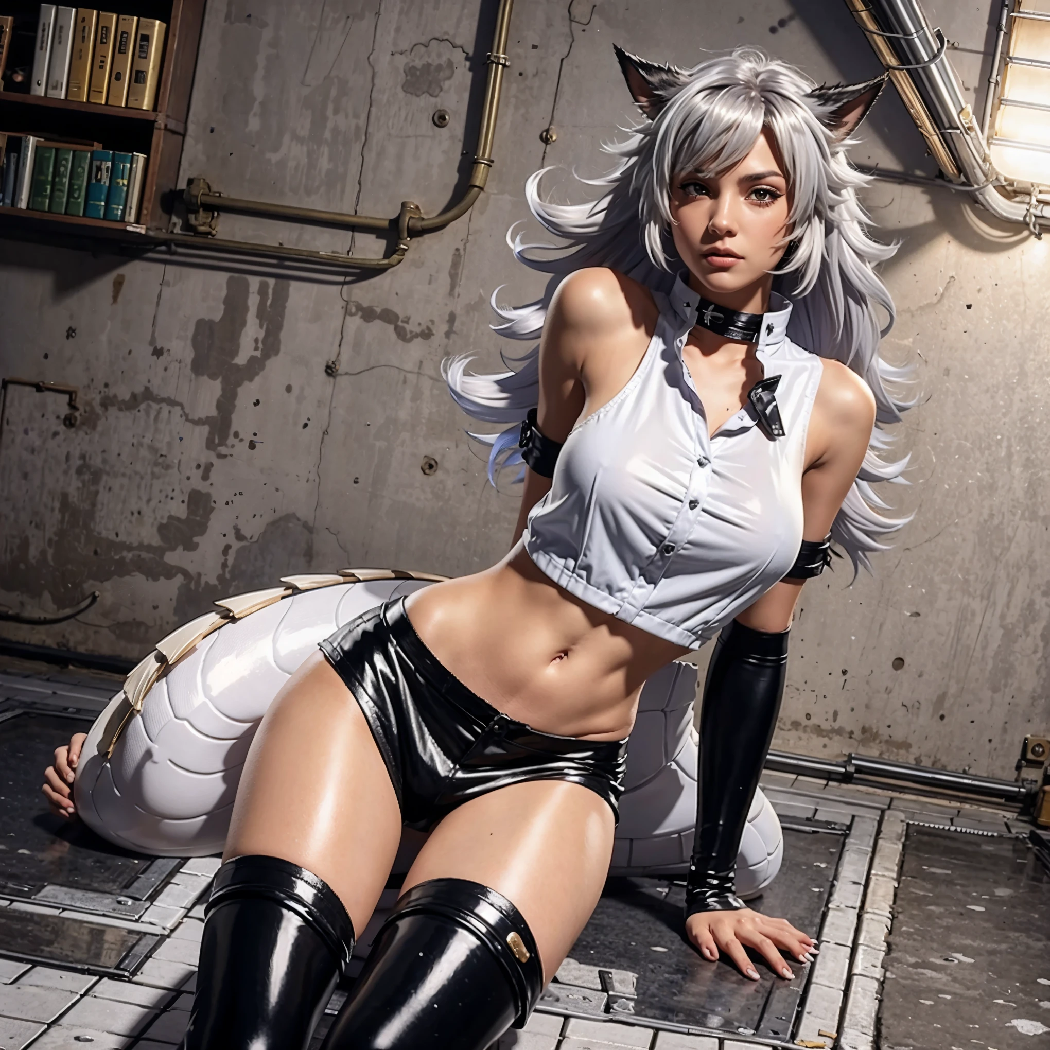 8k, resolution, high quality, high resolution, best quality, extremally detailed, best resolution, absurd resolution, ray tracing, high detailed, masterpiece, extremely detailed,shoulder length white hair, female,2 white wolf ears, age girl, slim body, white scale dragon tail,black boots,black leggings, navel blue school skirt, sailor shirt, white jacket, medium size chest, detailed blue eyes, detailed beautiful face,solo female,1 dragon tail, detailed eyes, tomboyish, dragon tail, white scales