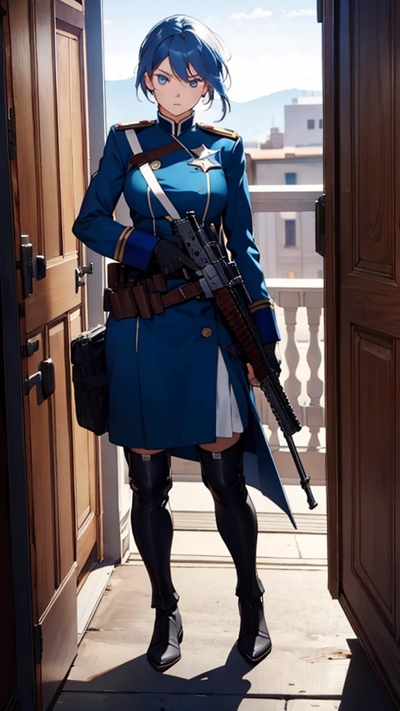 masterpiece, best quality, , 1girl, solo, looking at viewer, full body , , ligne claire, realistic, MONSTAMOO , blue hair , blue eyes , military uniform , battlefield , military equipment , holding handgun , 