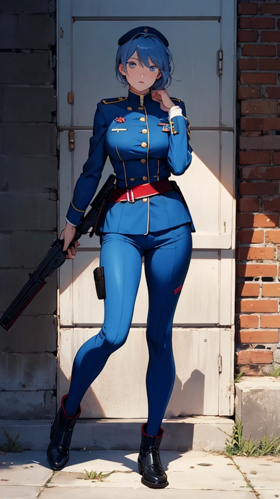 masterpiece, best quality, , 1girl, solo, looking at viewer, full body , , ligne claire, realistic, MONSTAMOO , blue hair , blue eyes , military uniform , battlefield , military equipment , holding handgun , 