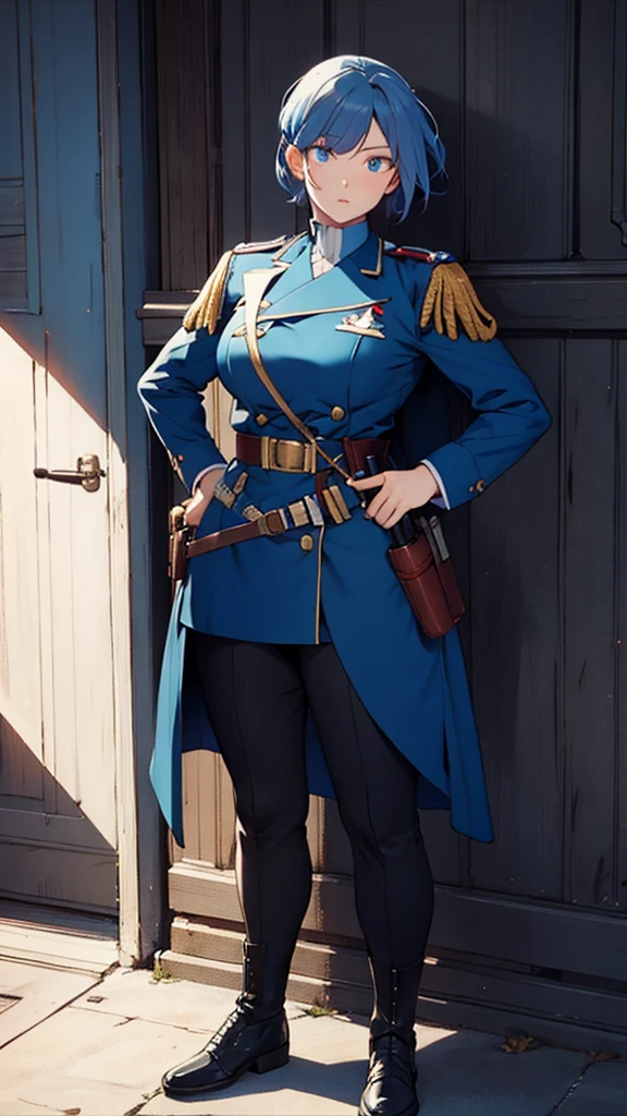 masterpiece, best quality, , 1girl, solo, looking at viewer, full body , , ligne claire, realistic, MONSTAMOO , blue hair , blue eyes , military uniform , battlefield , military equipment , holding handgun , 