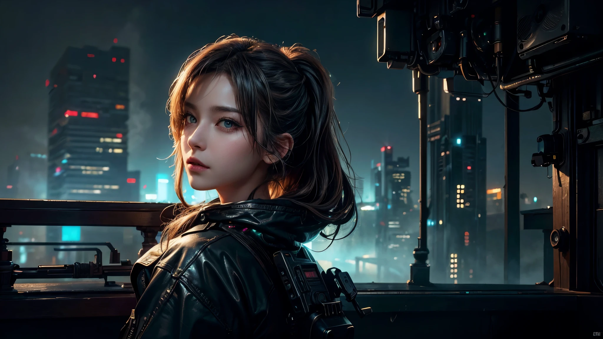 original photo, (best quality:1.3), high resolution, (masterpiece), (lifelike:1.4), Professional photography, sharp focus, high dynamic range, 8K resolution, intricate details, Exquisite details, depth of field, Extremely detailed CG unified 8k wallpaper, masterpiece,poster,best quality,official art,(Beauty and aesthetics:1.2),(masterpiece:1.3),The cities of the future,High-rise buildings,Cyberpunk Street,a girl,sexy,looking at camera,(Mid-range lens:1.8),volumetric fog,midnight,dramatic