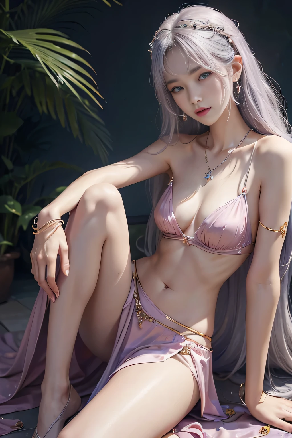 (((best image quality、highest quality、Super high quality 1.5、Super high quality 1.5、32K、8K、ticker、RAW photo、very clear image、very clear image quality、Photoreal 1.3、Super detailed 1.2, small details, High resolution, wall , Perfect dynamic structure, masterpiece, surreal,非常に詳細な CG Unity 32K wall紙,realistic pictures、real human being、)))、High level image quality、Live-action realism、1 photo、short skirt、T-back、bra is very、angle from below、laughter、Makina Pantyhose、blue eyes、alone、big breasts、長くてthin脚、bright hair color、sexy clothes、Clothes in flashy colors、ear nipple rings、necklace、bracelet、enchanting eyes、thin、constricted waist、Tropical Style Bar、Elegant and seductive poses、gorgeous model、women sexy、A variety of seductive poses、Beautiful woman、a little close up shot