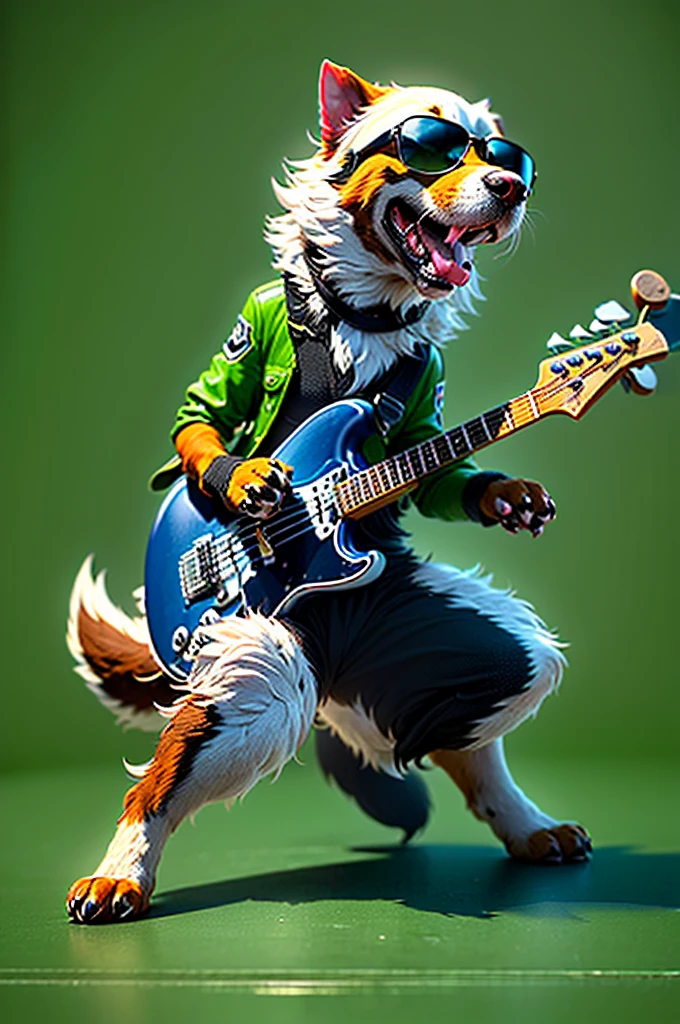 (best quality,4k,8k,highres,masterpiece:1.2),ultra-detailed,(realistic,photorealistic,photo-realistic:1.37),anthropomorphic dog,rock star,bassist,dark, Long white air, pearsings on his ears and nose.wering shinny sunglasses Ray-Ban