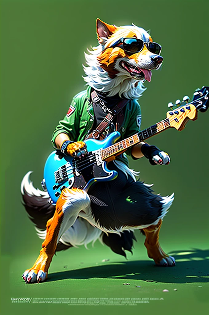 (best quality,4k,8k,highres,masterpiece:1.2),ultra-detailed,(realistic,photorealistic,photo-realistic:1.37),anthropomorphic dog,rock star,bassist,dark, Long white air, pearsings on his ears and nose.wering shinny sunglasses Ray-Ban