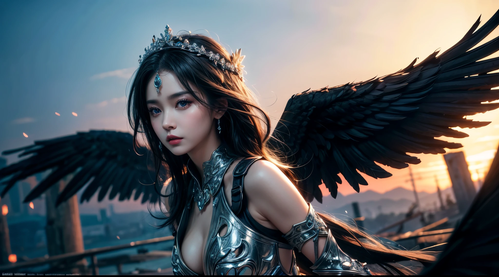original photo, (best quality:1.3), high resolution, (masterpiece), (lifelike:1.4), Professional photography, sharp focus, high dynamic range, 8K resolution, intricate details, Exquisite details, depth of field, Extremely detailed CG unified 8k wallpaper, masterpiece,poster,best quality,official art,(Beauty and aesthetics:1.2),(masterpiece:1.3),battlefield,ruins,female warrior,Black feathered wings,looking at camera,(close lens:1.8),dramatic