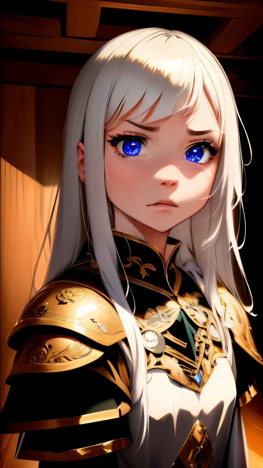 masterpiece, highest quality, disorganized, beautiful girl, Platinum Armor, Detailed engraving, engraved breastplate, Upper body, looking at the viewer, Medieval, anger, sad, blonde hair, punishment room, dungeon, Dark stone room, night, High resolution, Super detailed, finely, Detailed eyes, face and skin, sharp pupils, realistic student, sharp focus, somewhat light