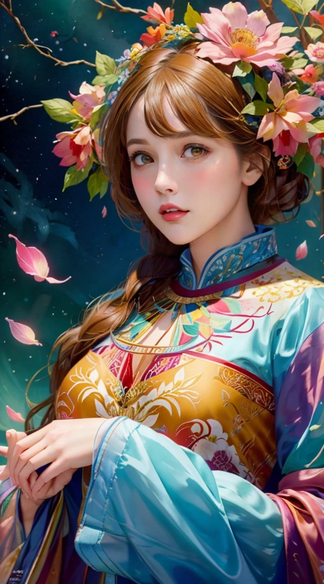 1girl in a masterpiece, top-quality, official art, beautifully aesthetic: 1.2, highlighting her upper body. The girl is surrounded by 1 flower, creating a highly detailed, colorfully vibrant scene. The artwork showcases the beauty of fractal art: 1.3 in the most intricate and detailed manner possible.
