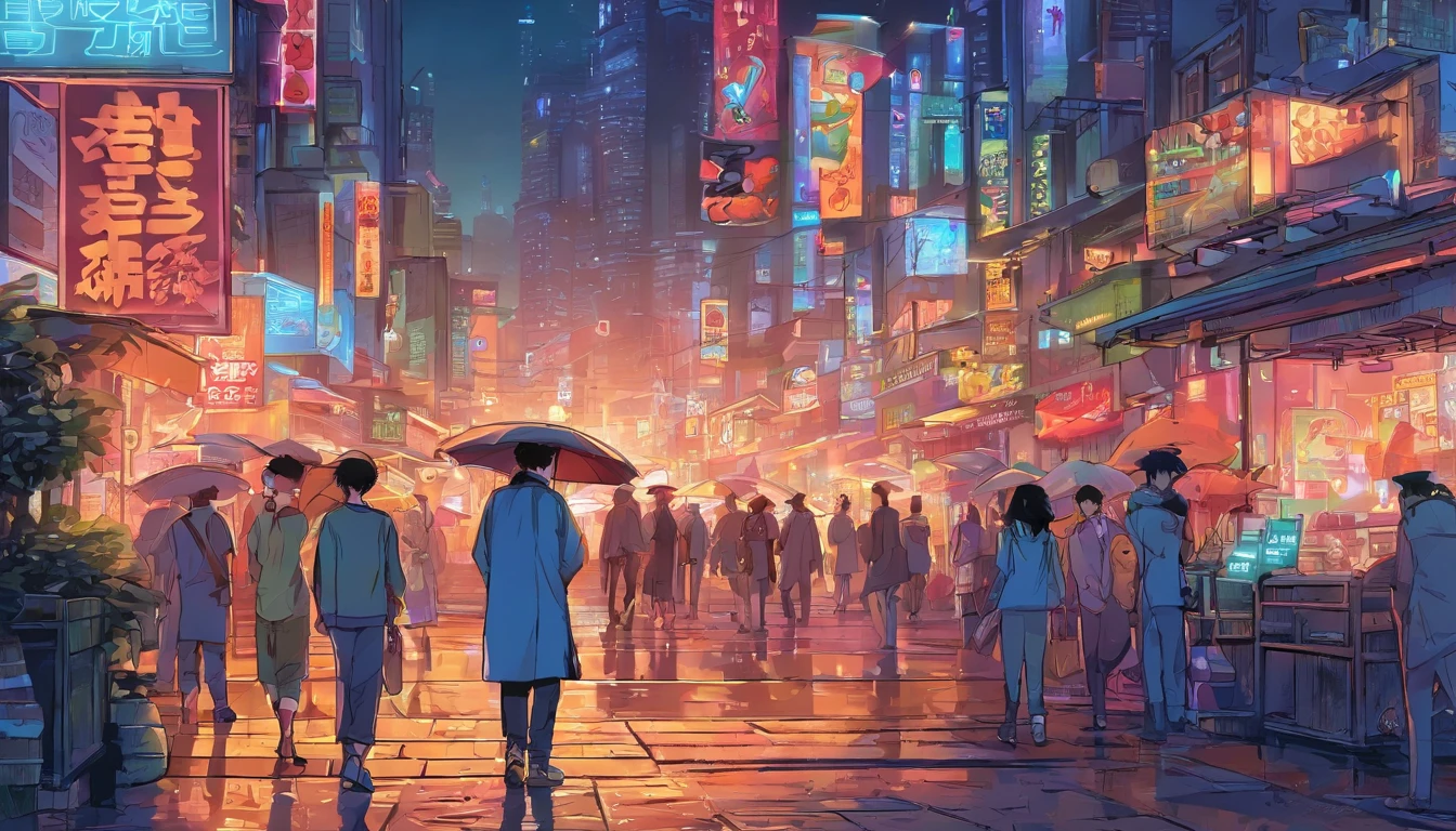 Landscape painting、neon city at night、Many working people are holding umbrellas and bumping into each other。suit figure。Overall pale cool blue。Super high quality animated movie、anime manga style illustration、Xin Haichengfeng