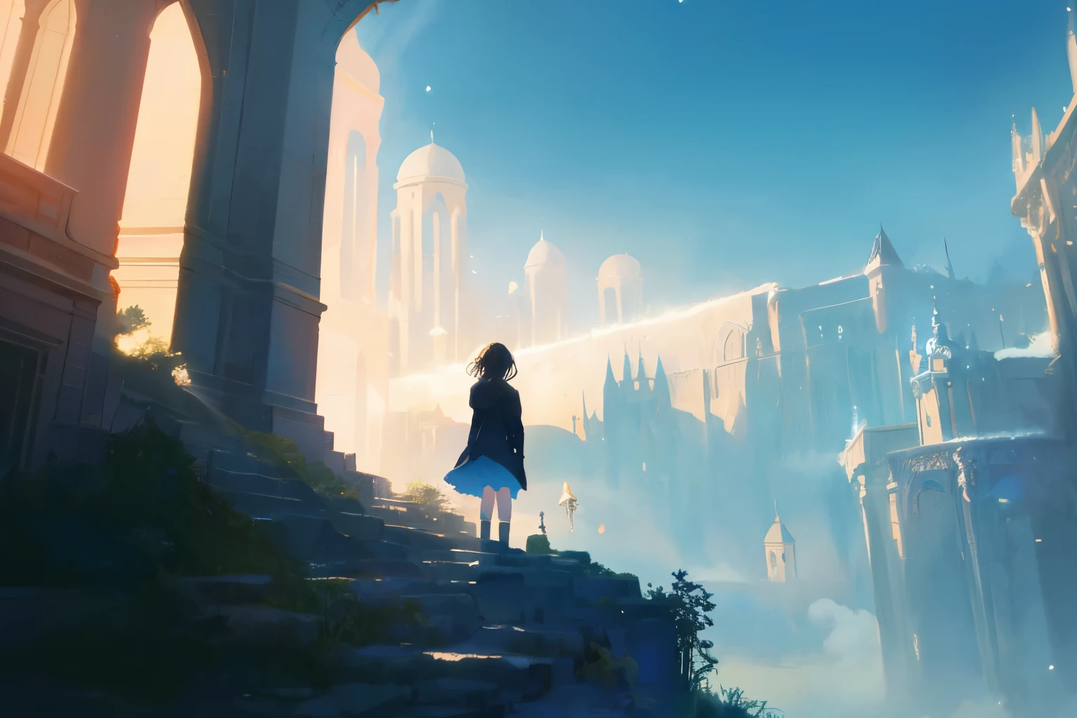 Create exquisite illustrations reminiscent of Makoto Shinkai's style, It has ultra-fine details and top-notch quality. Generate a high-quality illustration of a library existing in a fantastical cosmic space, where a wandering girl is exploring. Craft a masterpiece with meticulous attention to detail, capturing the overall nostalgic and fantastical ambiance of the scene. Highlight the sense of awe and curiosity as the young girl explores the intricacies of this otherworldly library. Aim for the best possible quality, delivering a visually captivating and emotionally resonant composition best quality, masterpiece
