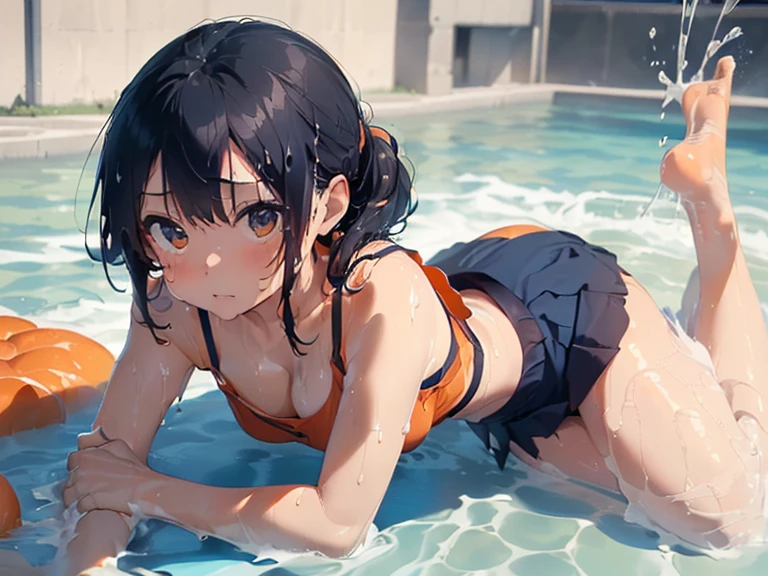 masterpiece,highest quality,real,(((all fours pose))),swimsuit((Super soaked,(navy blue mini skirt,(Orange camisole)))),(slimy lotion bed),((((((ぬるぬるローションでSuper soaked)))))),