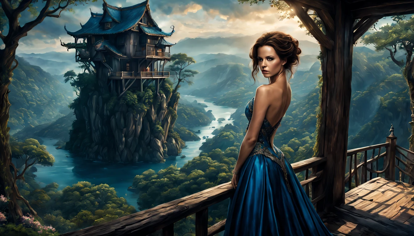 premiado, arte conceitual, belas artes, epic fantasy digital art, bird view,cinematic lighting, Vista descendente,plano super amplo,Viewing angle from afar,profundidade de campos,beautiful young lady (Kate Beckinsale ), (27 anos), ((((corpo inteiro)))), (((usando vestido longo Azul)), The beauty of an idyllic country fairy tale,((cachoeira)),Pitoresca, Pitoresco, Rustic, ((Campo de arroz;1.7)), ((Peach blossom tree)), ((Pequenos rios:1.4)), ((The tree house is connected to the tree house by a wooden bridge)), epic,