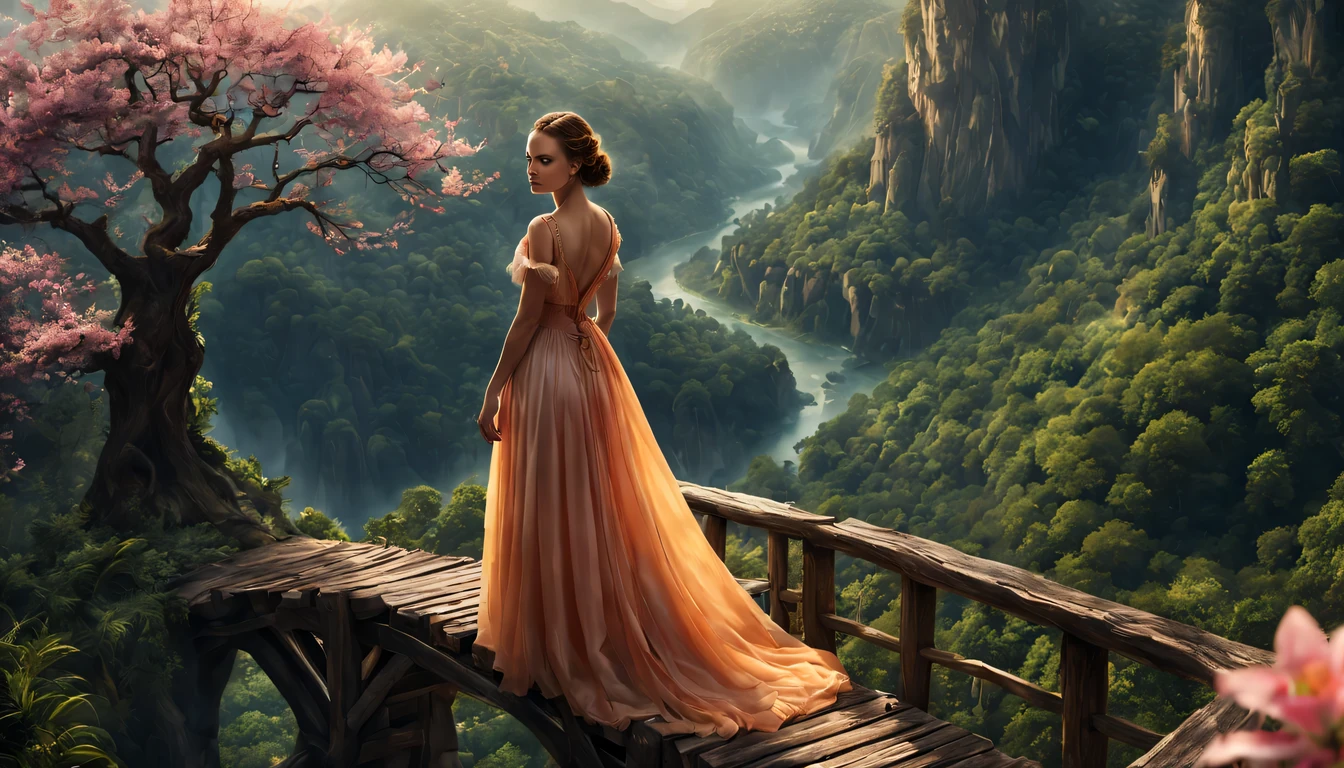 premiado, arte conceitual, belas artes, epic fantasy digital art, bird view,cinematic lighting, Vista descendente,plano super amplo,Viewing angle from afar,profundidade de campos,beautiful young lady (Natalie Portman), (27 anos), ((((corpo inteiro)))), (((usando vestido longo Amarelo), The beauty of an idyllic country fairy tale,((cachoeira)),Pitoresca, Pitoresco, Rustic, ((Campo de arroz;1.7)), ((Peach blossom tree)), ((Pequenos rios:1.4)), ((The tree house is connected to the tree house by a wooden bridge)), epic,