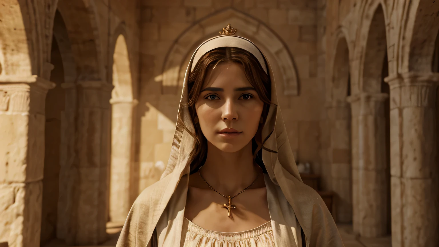 MAKE A WOMAN FROM BIBLICAL TIMES WITH CLOTHES LIKE MARY MOTHER OF JESUS IN KING SOLOMON&#39;S PALACE REALISTIC 4K IMAGE