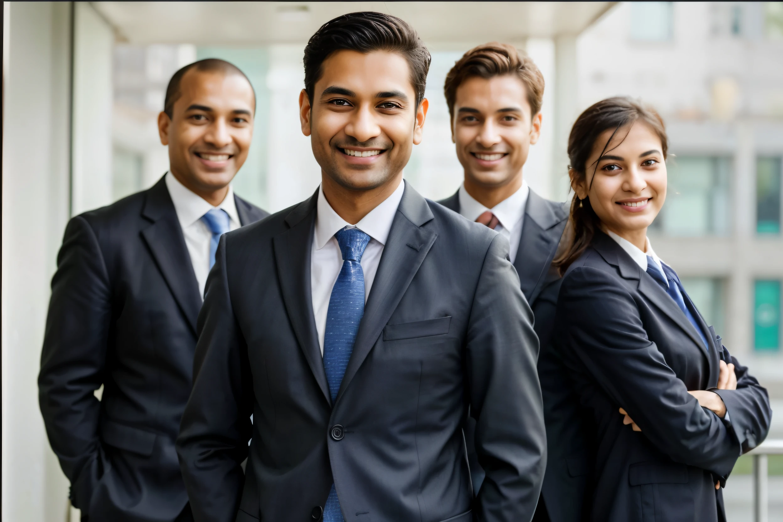 (detail),(masterpiece),smiling indian business man in suit and tie standing with his team, professional profile picture, corporate portait, professional image, firm, corporate photo, corporate business, professional picture, a group of people, professional comercial vibe, professional cooperate, professional, proffesional, amazing professional picture, wearing a business suit, wearing business suit, group of people, professional profile photo