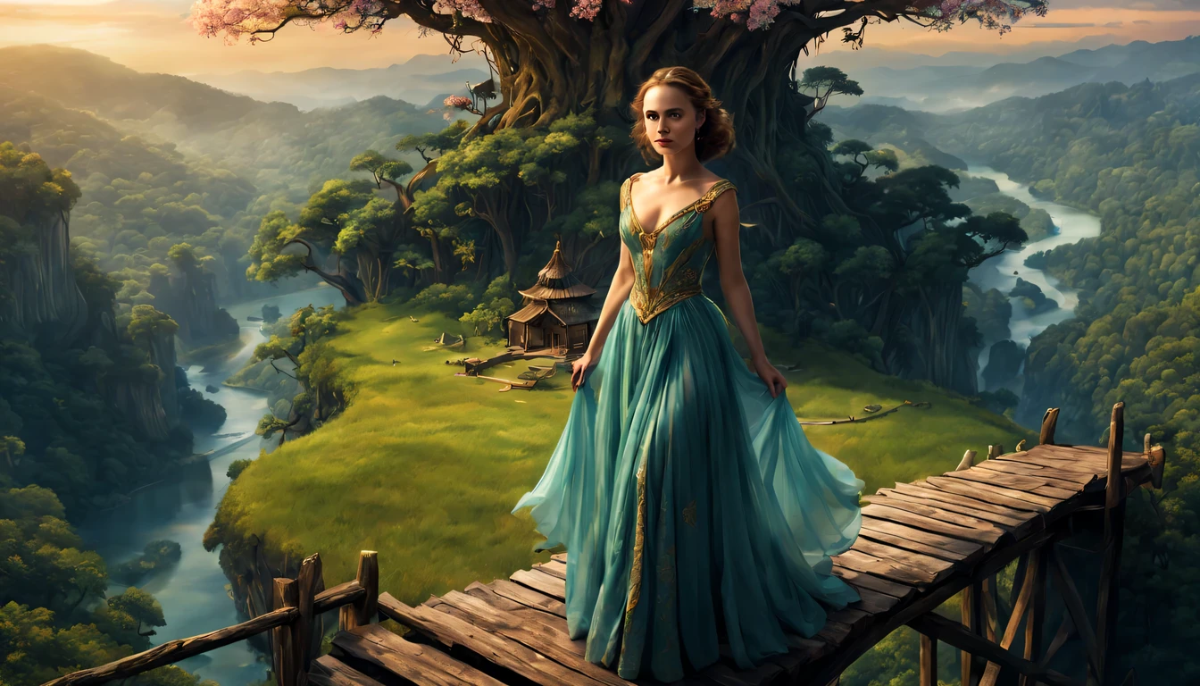 premiado, arte conceitual, belas artes, epic fantasy digital art, bird view,cinematic lighting, Vista descendente,plano super amplo,Viewing angle from afar,profundidade de campos,beautiful young lady (Natalie Portman), (27 anos), ((((corpo inteiro)))), (((usando vestido longo Amarelo), The beauty of an idyllic country fairy tale,((cachoeira)),Pitoresca, Pitoresco, Rustic, ((Campo de arroz;1.7)), ((Peach blossom tree)), ((Pequenos rios:1.4)), ((The tree house is connected to the tree house by a wooden bridge)), epic,