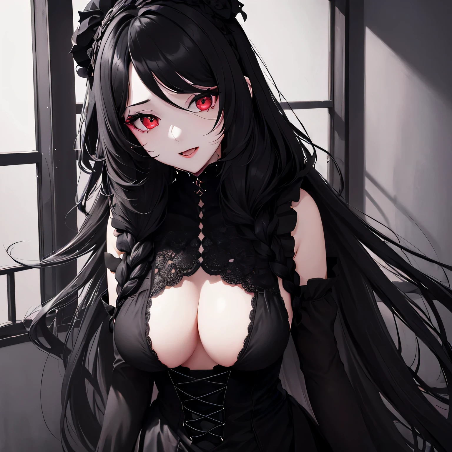 1 girl,Depp's Sense,confused,catch light,Super beautiful illustration,(black color,long hairstyles:1.6),turn around,dark dark eyeshadow,bright red lipstick,Gothic Lolita,Upper body,;d,beautiful and delicate flowing hair,delicate and detailed red eyes,big breasts