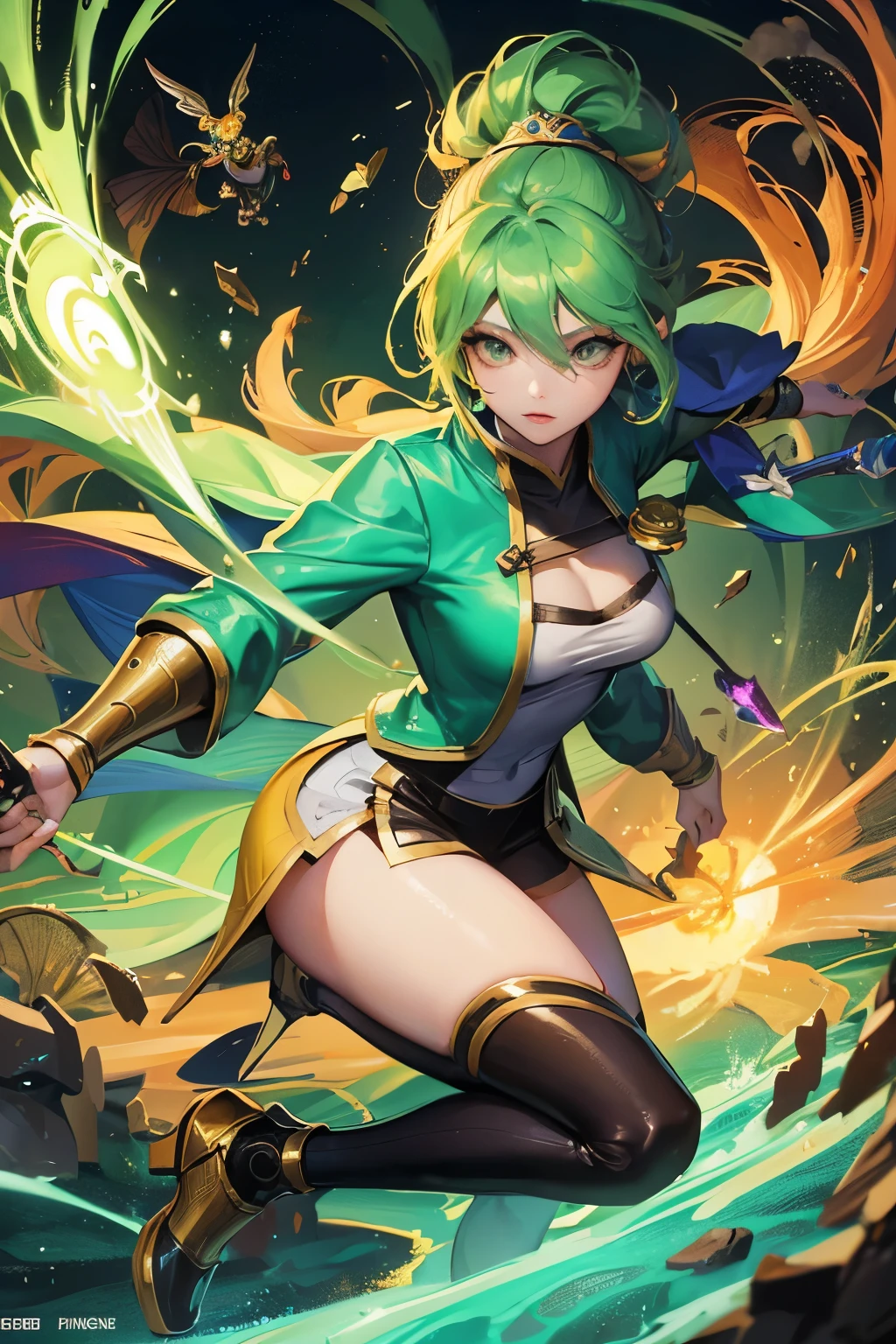 masterpiece, best quality,, corset, breastplate,lum, , urusei yatsura, cloak, pants, pullover kimono,martial pov,, pantyhose, sharpteeth, standing,smile, matial art,, full body, boots , pant, medium breast, pants, pullover,martial pov,god rays, ray tracing, sparkle, cinematic lighting, UHD, retina, masterpiece, ccurate, anatomically correct, textured skin, super detail, high details, high quality, award winning, best quality, highres, 1080P, HD, 4K, thunder aura, light aura, sharpteeth,, super powers, full body, standing, kimono,woman-medieval-clothes, fangs, smile, green hair,, teeth, t, long hair,takahashi rumiko, big breast, yellow eyes