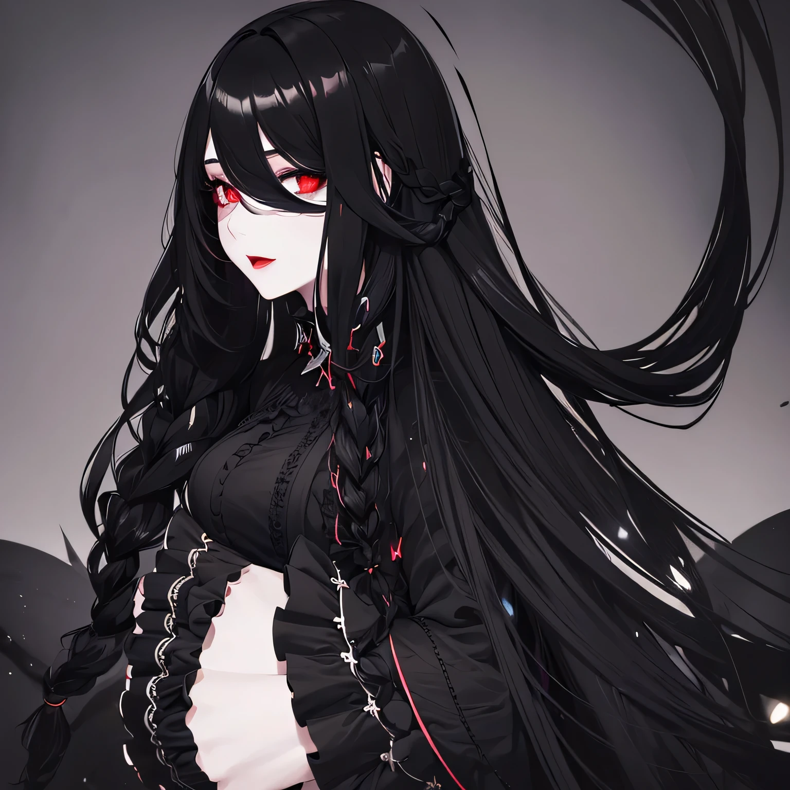 1 girl,Depp's Sense,confused,catch light,Super beautiful illustration,(black color,long hairstyles:1.6),turn around,dark dark eyeshadow,bright red lipstick,Gothic Lolita,Upper body,;d,beautiful and delicate flowing hair,delicate and detailed red eyes,big breasts