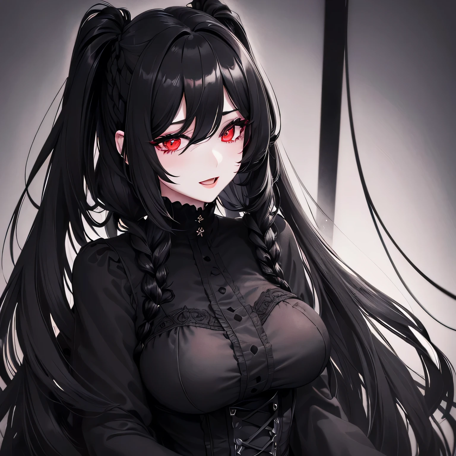 1 girl,Depp's Sense,confused,catch light,Super beautiful illustration,(black color,long hairstyles:1.6),turn around,dark dark eyeshadow,bright red lipstick,Gothic Lolita,Upper body,;d,beautiful and delicate flowing hair,delicate and detailed red eyes,big breasts
