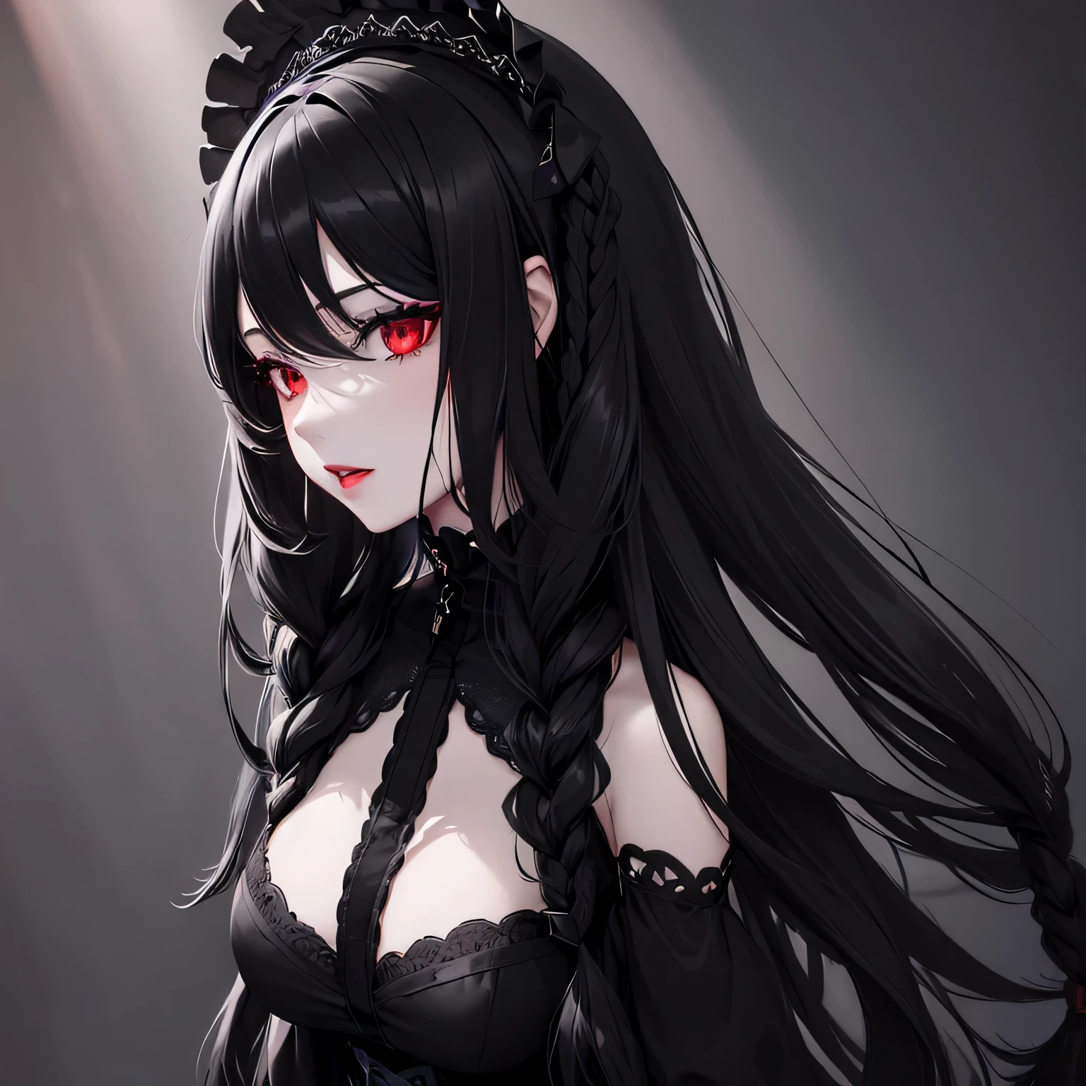 1 girl,Depp's Sense,confused,catch light,Super beautiful illustration,(black color,long hairstyles:1.6),turn around,dark dark eyeshadow,bright red lipstick,Gothic Lolita,Upper body,;d,beautiful and delicate flowing hair,delicate and detailed red eyes,big breasts