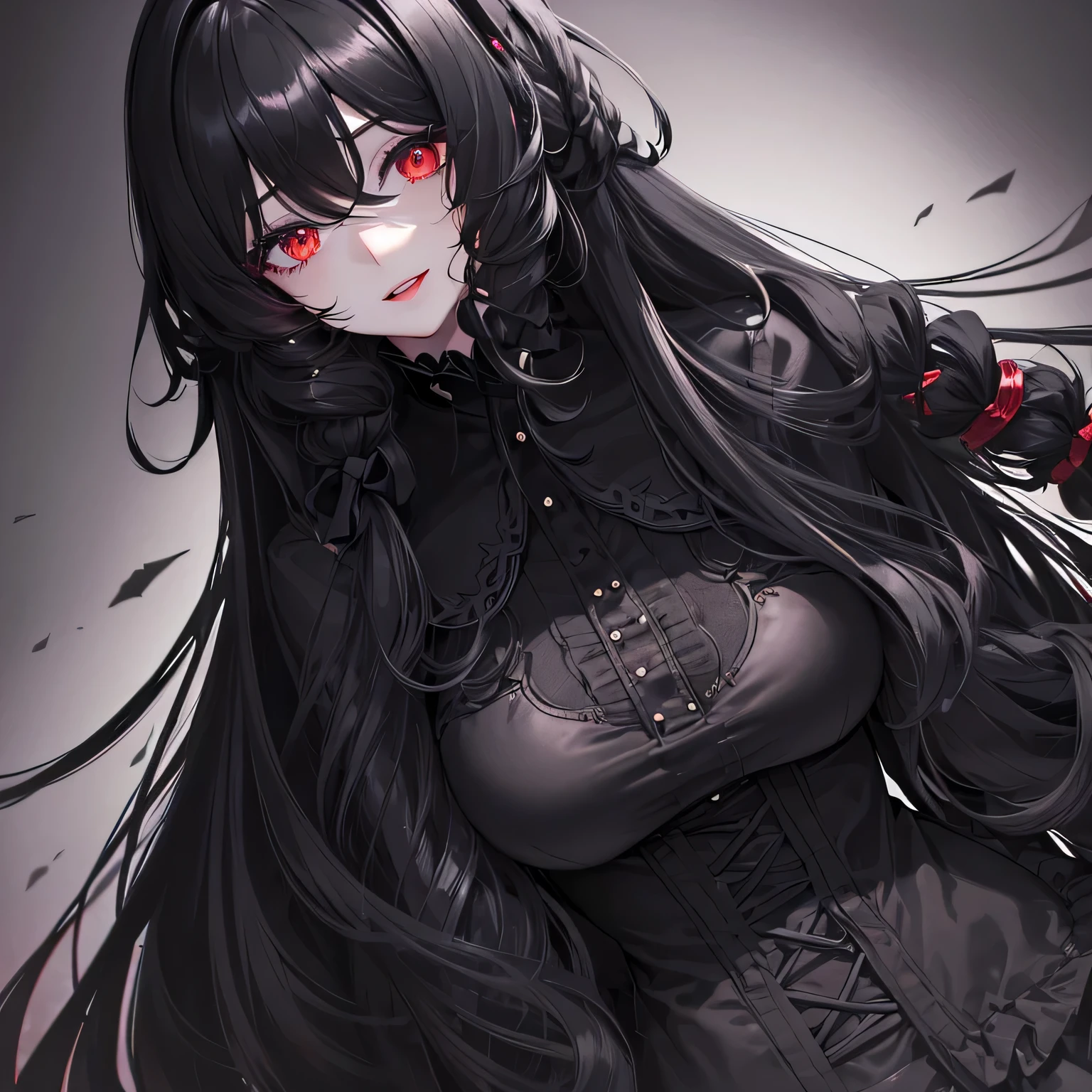 1 girl,Depp's Sense,confused,catch light,Super beautiful illustration,(black color,long hairstyles:1.6),turn around,dark dark eyeshadow,bright red lipstick,Gothic Lolita,Upper body,;d,beautiful and delicate flowing hair,delicate and detailed red eyes,big breasts