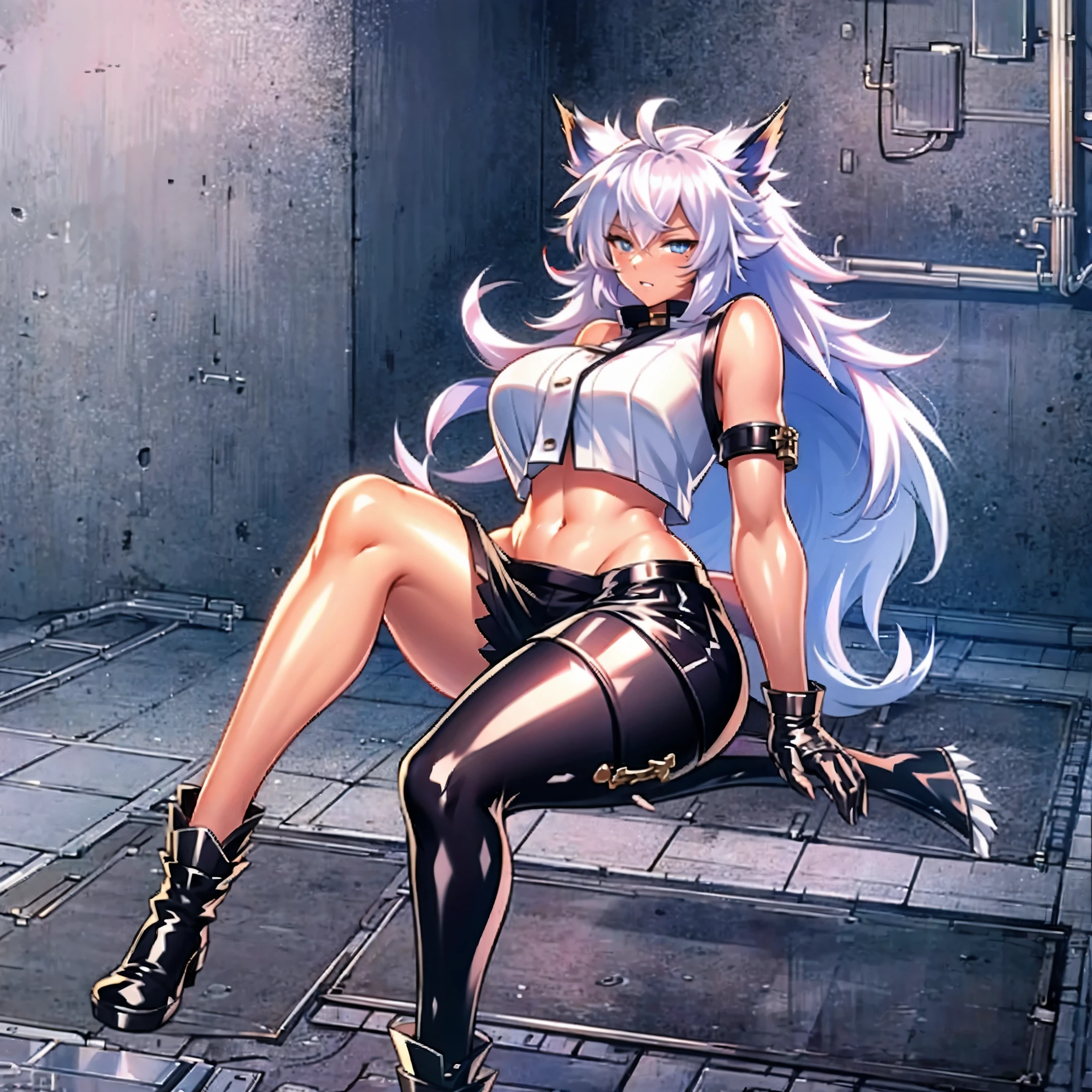 8k, resolution, high quality, high resolution, best quality, extremally detailed, best resolution, absurd resolution, ray tracing, high detailed, masterpiece, extremely detailed,shoulder length white hair, female,2 white wolf ears, teenage girl, slim body, white scale dragon tail,black boots,black leggings, navel blue school skirt, sailor shirt, white jacket, medium size chest, detailed blue eyes, detailed beautiful face,solo female,1 dragon tail, detailed eyes, tomboyish, dragon tail, white scales