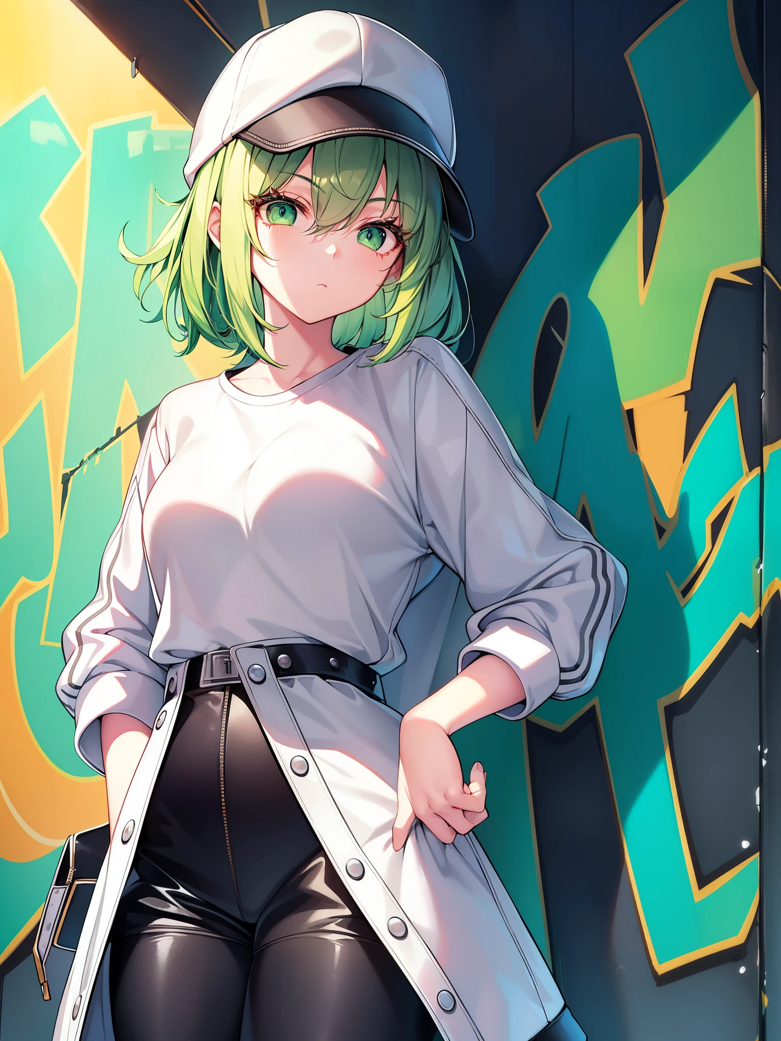 original character、young、attractive face、green eyes、Nice little breasts、short gray hair、eyelash、applejack hat、oversized pop jacket、white t-shirt、Black leather pants、Located in a graffiti alley、standing、（highest quality、great details:1.25)、(solo:1.3)、vivid colorful paintings