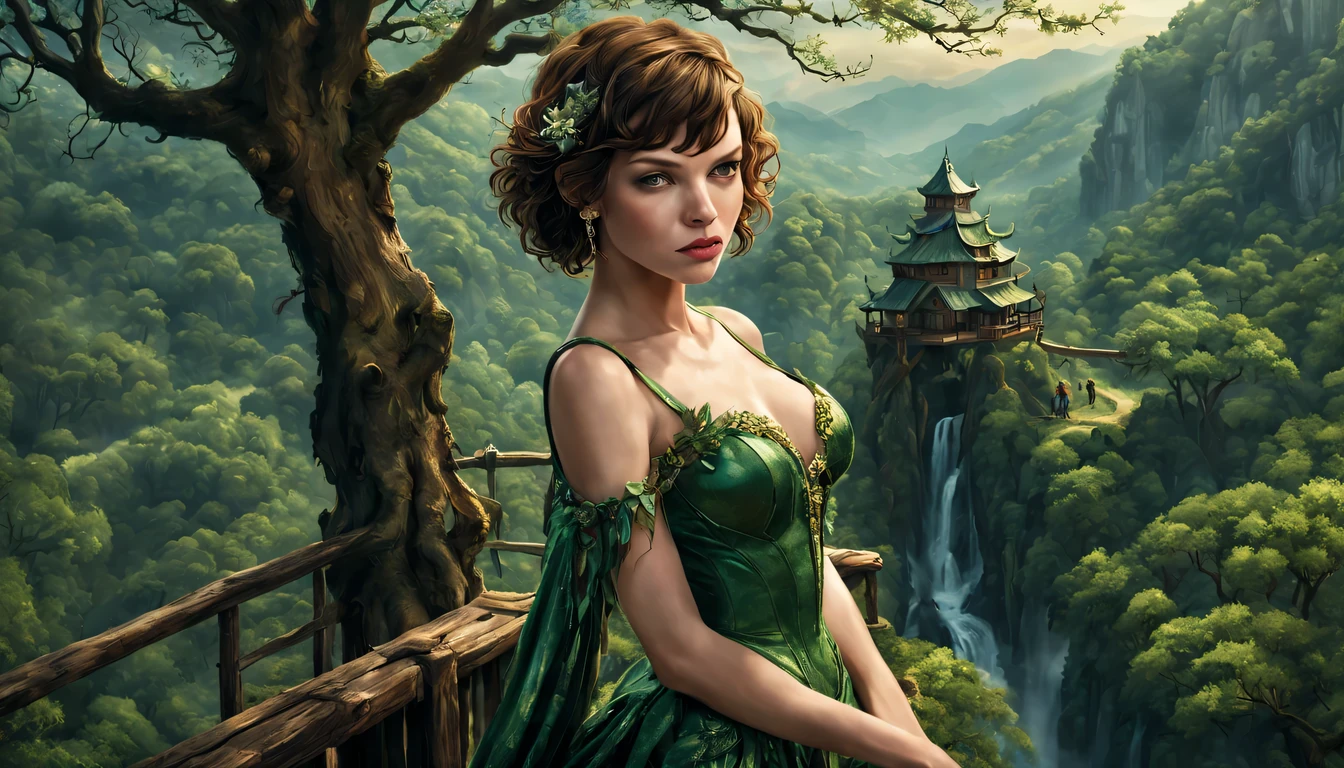premiado, arte conceitual, belas artes, epic fantasy digital art, bird view,cinematic lighting, Vista descendente,plano super amplo,Viewing angle from afar,profundidade de campos,beautiful young lady (Milla Jovovich ), (27 anos), ((((corpo inteiro)))), (((usando vestido longo Verde Esmeralda)), The beauty of an idyllic country fairy tale,((cachoeira)),Pitoresca, pitoresco, Rustic, ((Campo de arroz;1.7)), ((Peach blossom tree)), ((Pequenos rios:1.4)), ((The treehouse is connected to the treehouse by a wooden bridge)), epic,