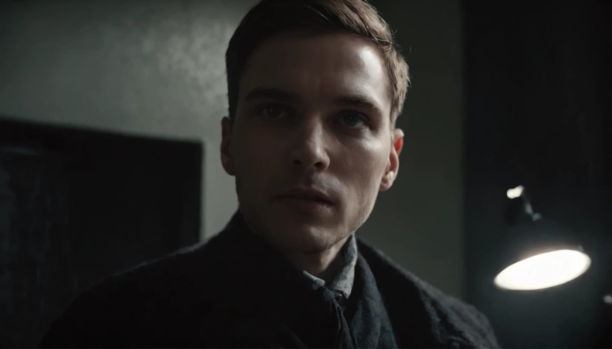A scene from a psychological thriller, featuring the frightened face of a partially lit suspect, in a dark interrogation room, all wrapped in a dark and brooding visual style, cinematic and atmospheric, with a emphasis on shadow play and tension, style raw