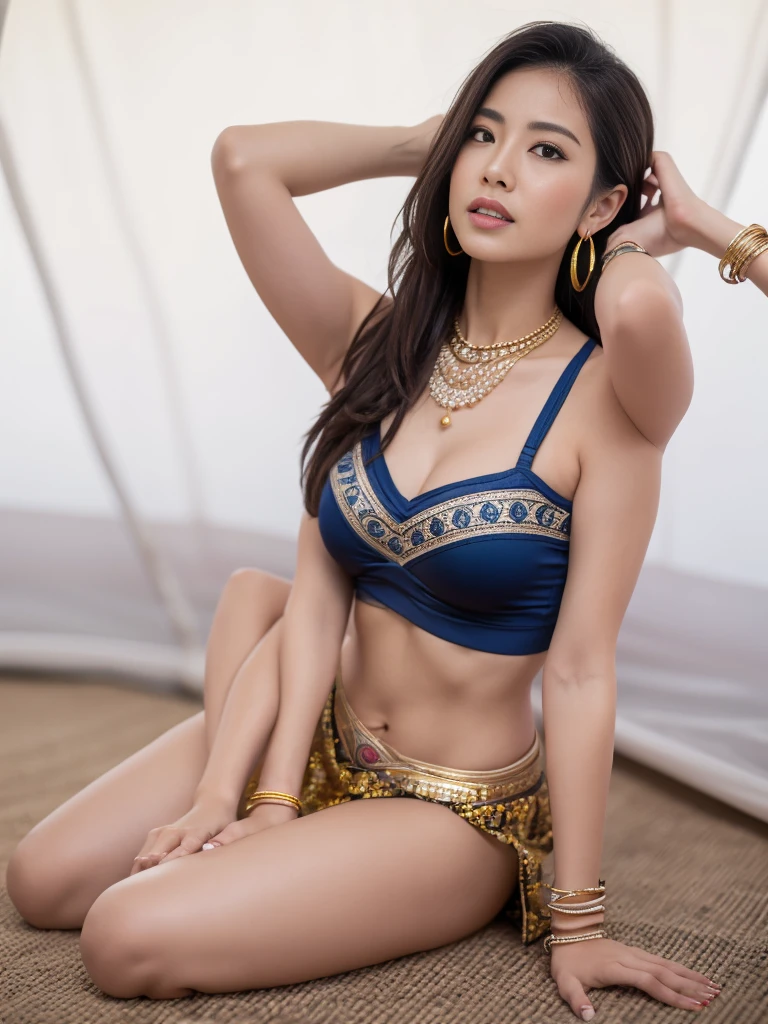 Dslr photo, (extraarms:1.2), (8k, 4k, masterpiece),beautiful pretty older mature asian woman, mysterious, hippie, fortune teller, new age, bohemian, indoors, tent, night, dark blue gold patterned bikini, belly dancer, tied hair, hair in ponytail, bare midriff, sleeveless, bare shoulders, jewelry, bracelets, arm bands, head scarf, headband, hoop earrings, necklace,sultry, blurry background, (upper hands on head), (lower hands on floor), (lower hands on knees), dynamic, full subject in frame, full body view, (barefoot), leaning, facing viewer, (extraarms:1.2), four arms, yoga instructor, posing, sitting