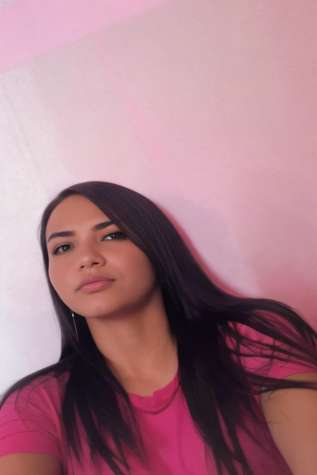 mulher arafa de camisa rosa segurando um guarda-chuva rosa em frente a uma parede rosa, no estilo de Petra Collins, imagem de qualidade muito baixa, Alanis Guillen, imagem de perfil, taken at the beginning of 2020, imagem de perfil, Violeta Myers, com cabelo preto liso, tirada no final dos anos 2000, Ayahuasca